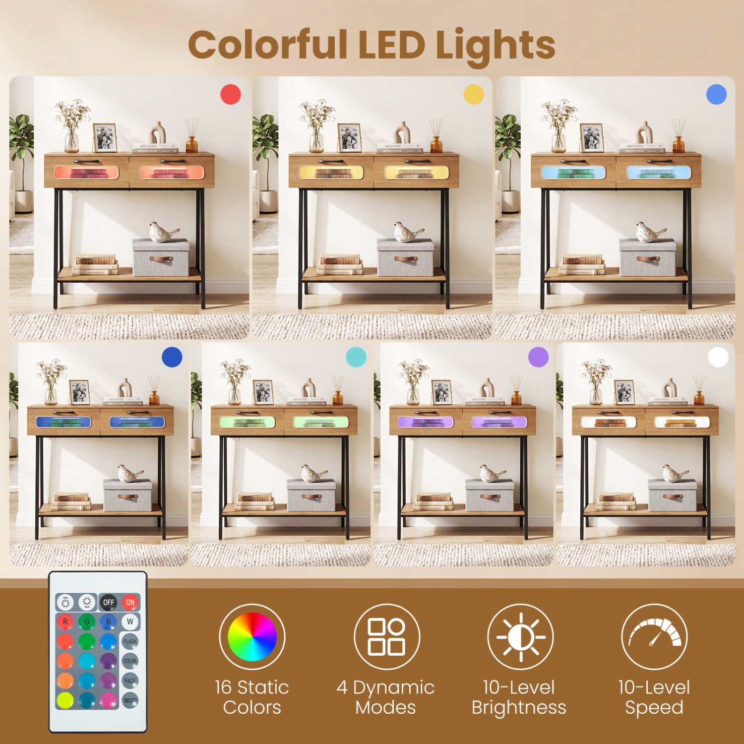 Console Table with LED Lights and Open Shelf for Hallway Entrance-Natural