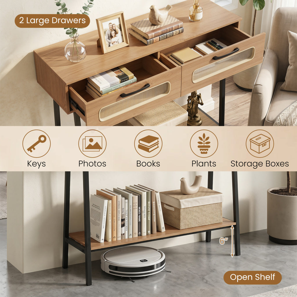Console Table with LED Lights and Open Shelf for Hallway Entrance-Natural