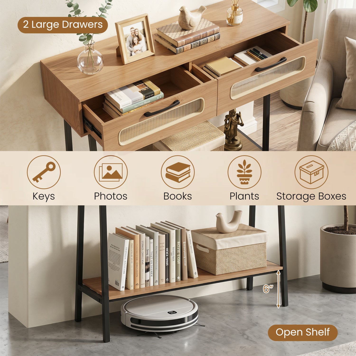 Console Table with LED Lights and Open Shelf for Hallway Entrance-Natural