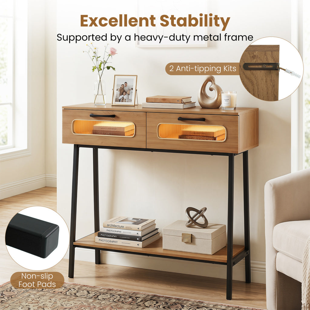 Console Table with LED Lights and Open Shelf for Hallway Entrance-Natural