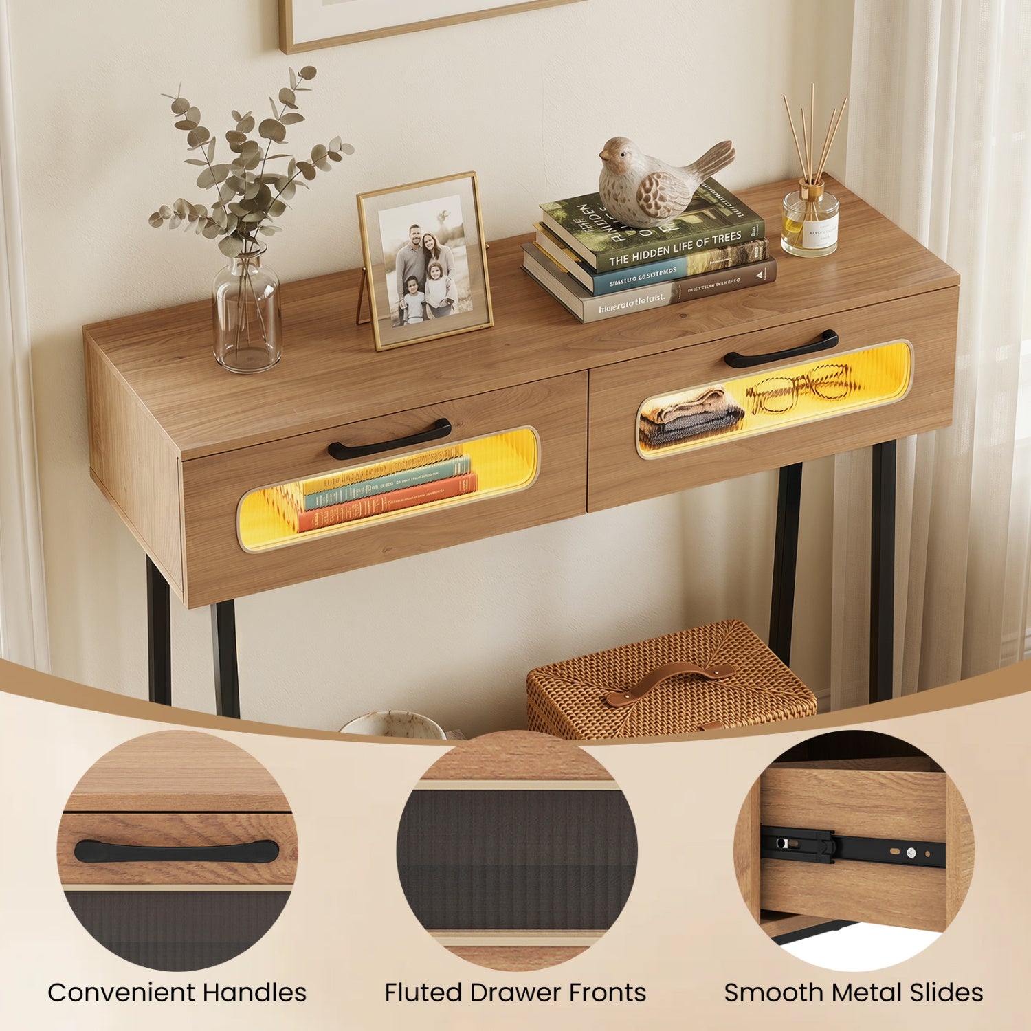Console Table with LED Lights and Open Shelf for Hallway Entrance-Natural