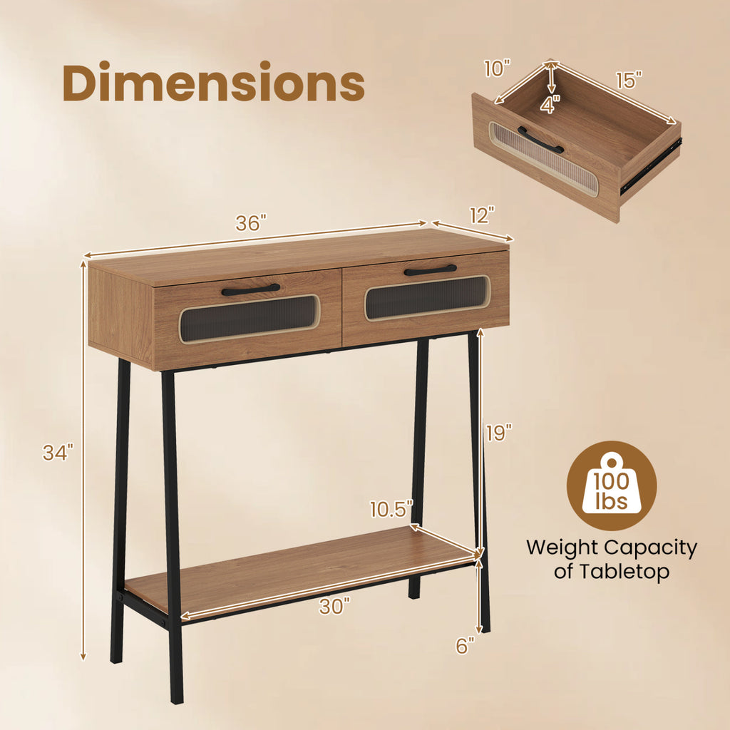 Console Table with LED Lights and Open Shelf for Hallway Entrance-Natural