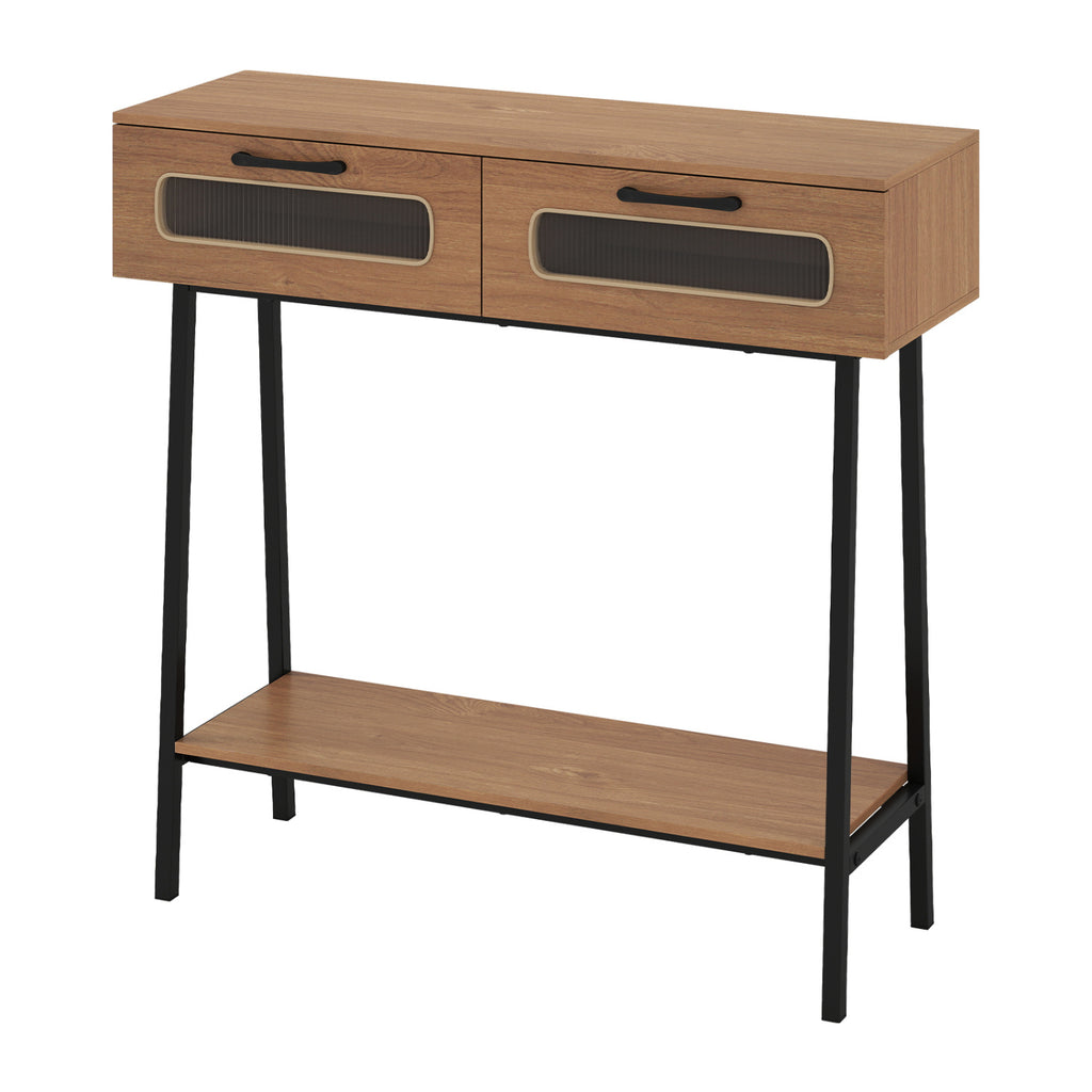 Console Table with LED Lights and Open Shelf for Hallway Entrance-Natural