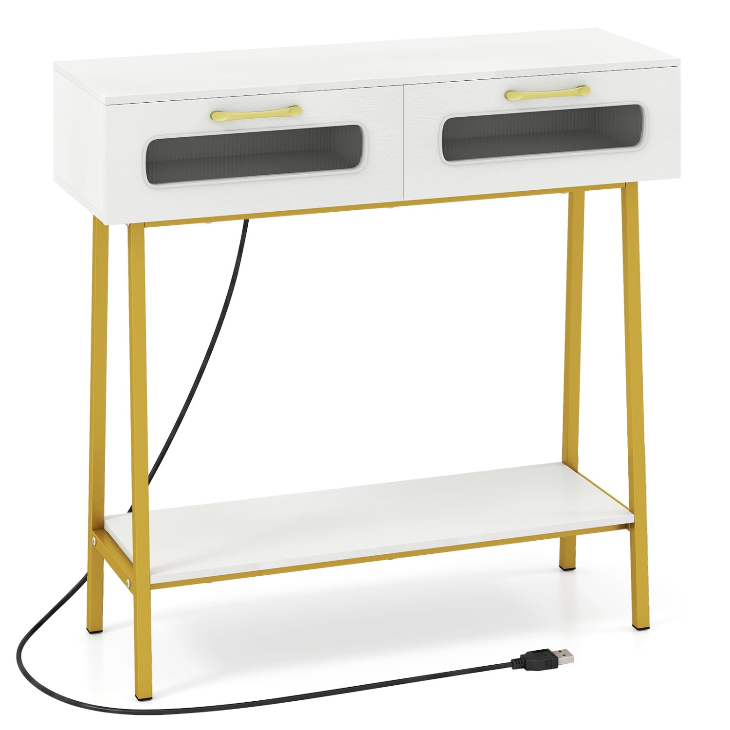 Console Table with LED Lights and Open Shelf for Hallway Entrance-White