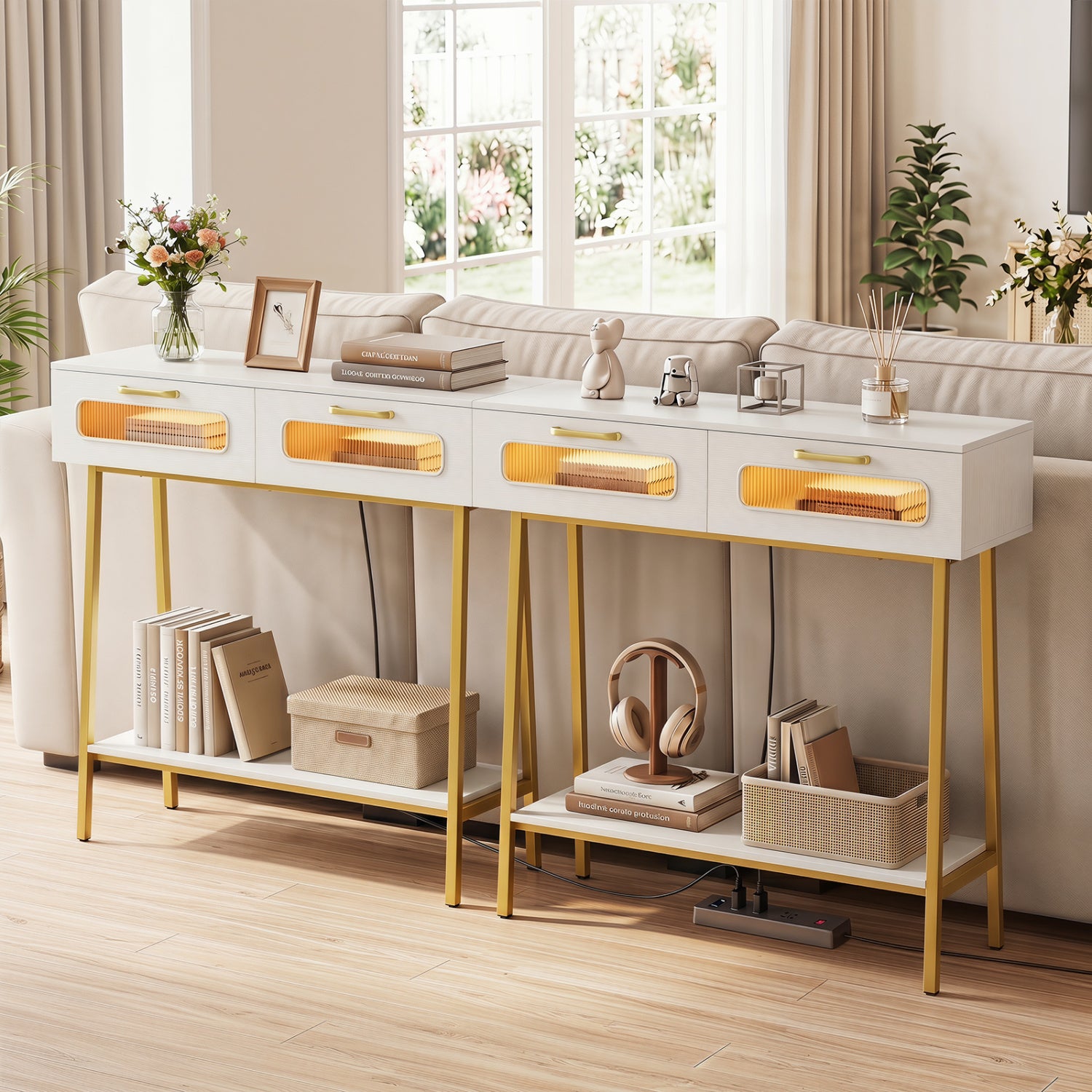 Console Table with LED Lights and Open Shelf for Hallway Entrance-White