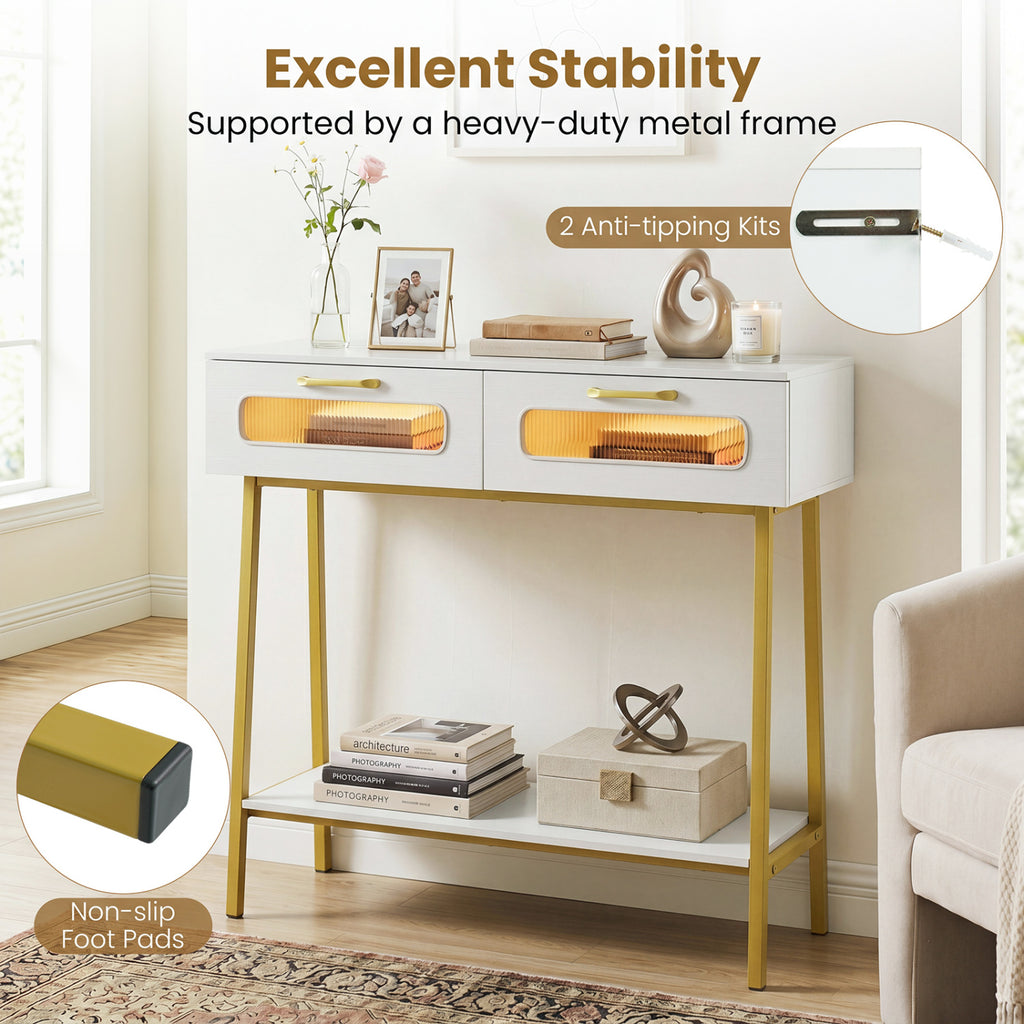 Console Table with LED Lights and Open Shelf for Hallway Entrance-White