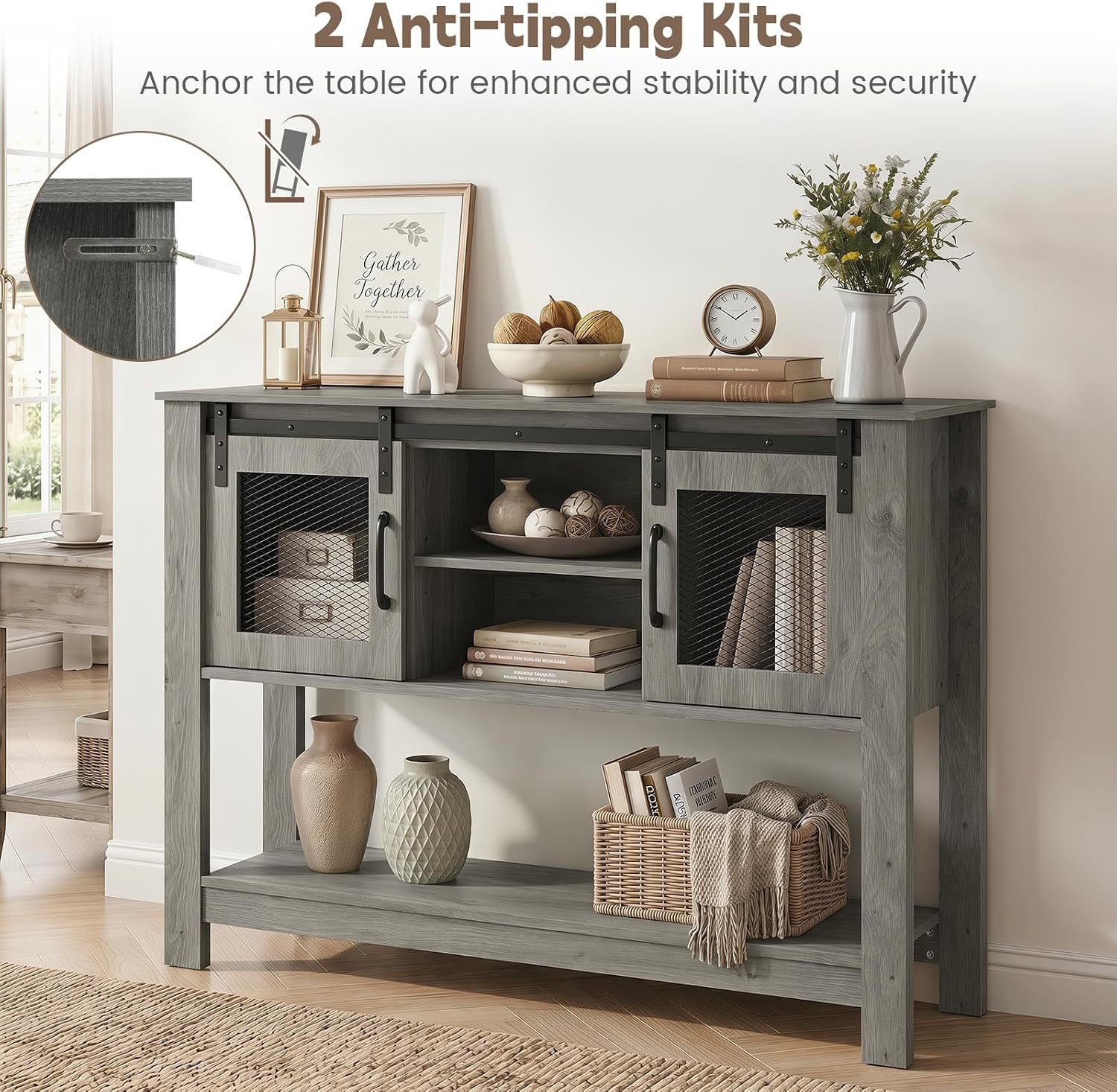 Console Table with Sliding Barn Doors and Storage Cabinets-Gray