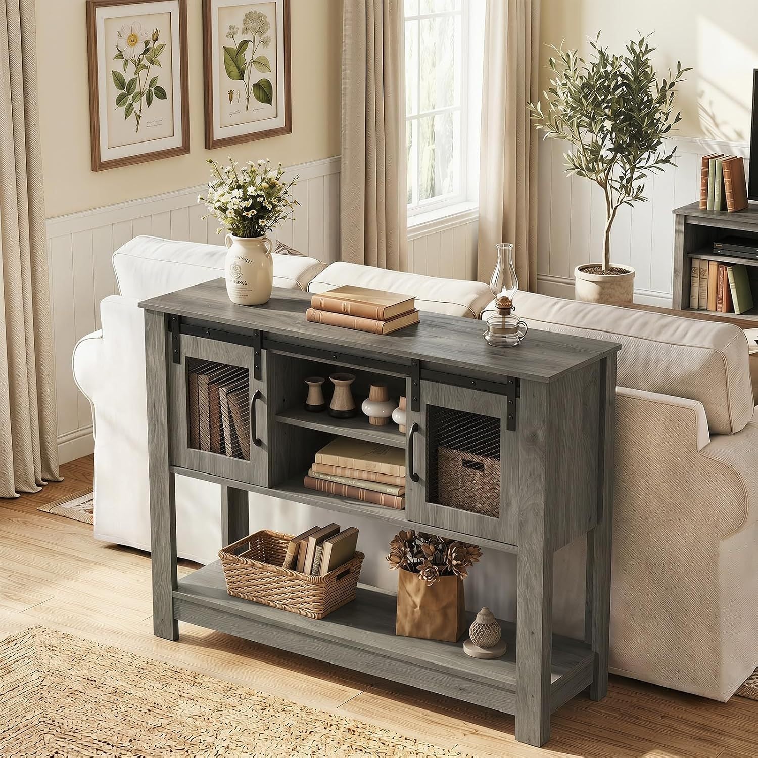 Console Table with Sliding Barn Doors and Storage Cabinets-Gray