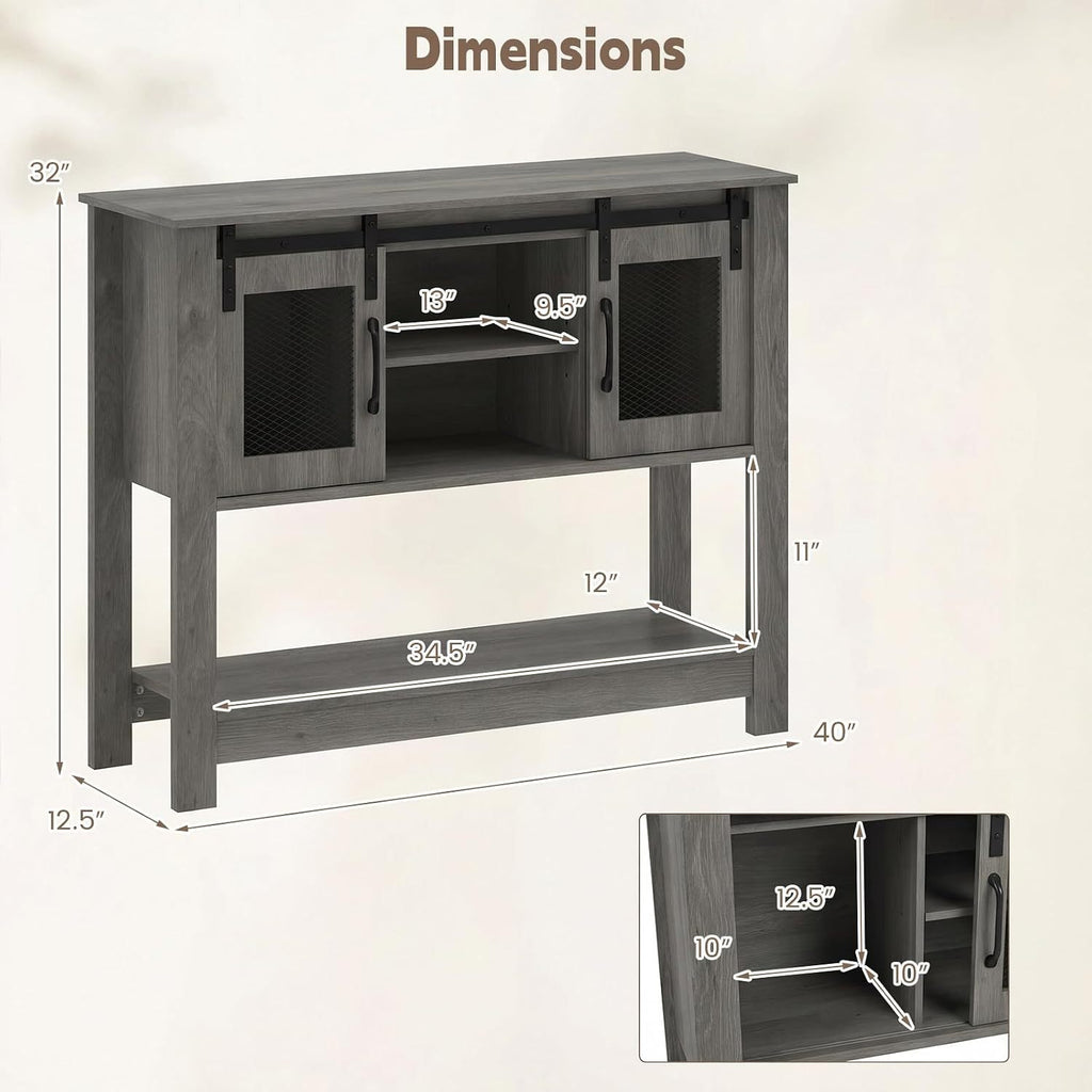 Console Table with Sliding Barn Doors and Storage Cabinets-Gray