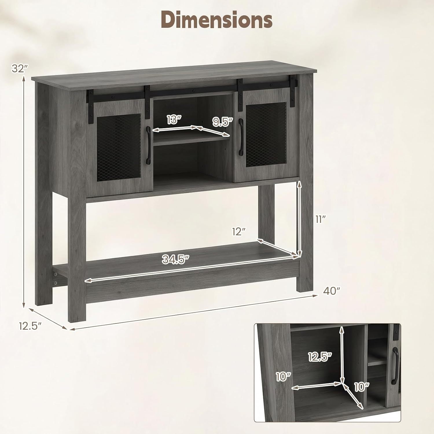 Console Table with Sliding Barn Doors and Storage Cabinets-Gray