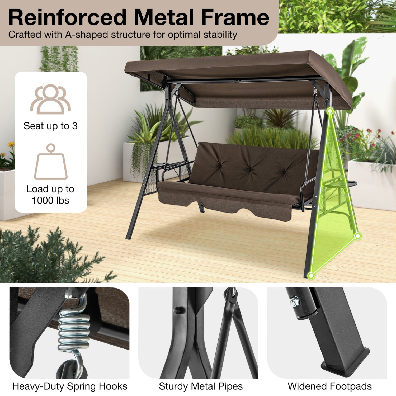Convertible 3-Seat Patio Porch Swing Chair to Flat Bed with Adjustable Canopy-Brown