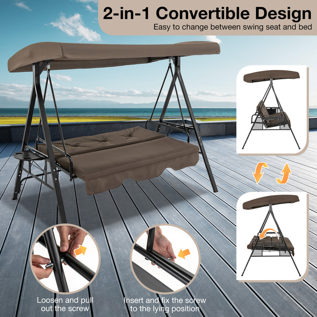 Convertible 3-Seat Patio Porch Swing Chair to Flat Bed with Adjustable Canopy-Brown