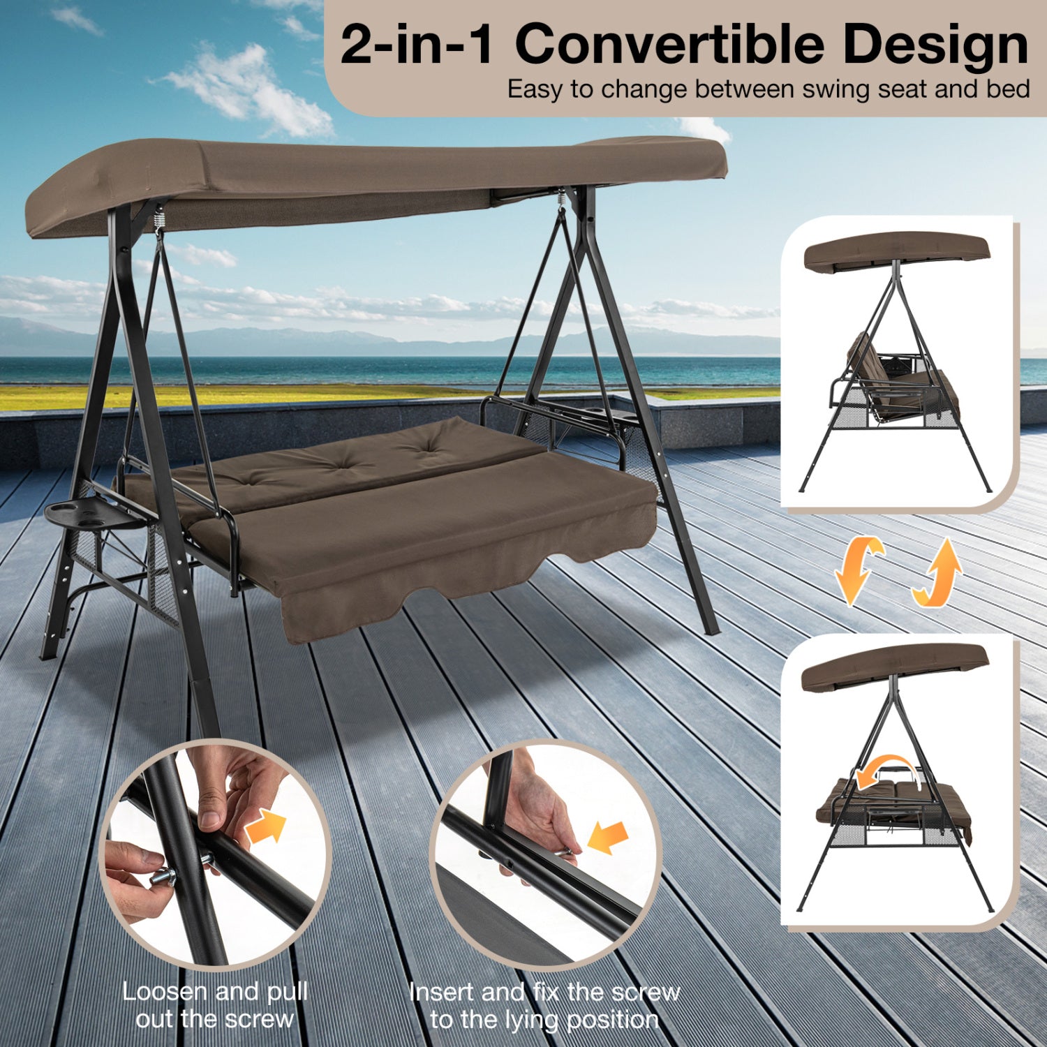 Convertible 3-Seat Patio Porch Swing Chair to Flat Bed with Adjustable Canopy-Brown