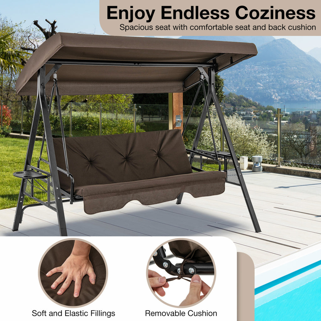 Convertible 3-Seat Patio Porch Swing Chair to Flat Bed with Adjustable Canopy-Brown