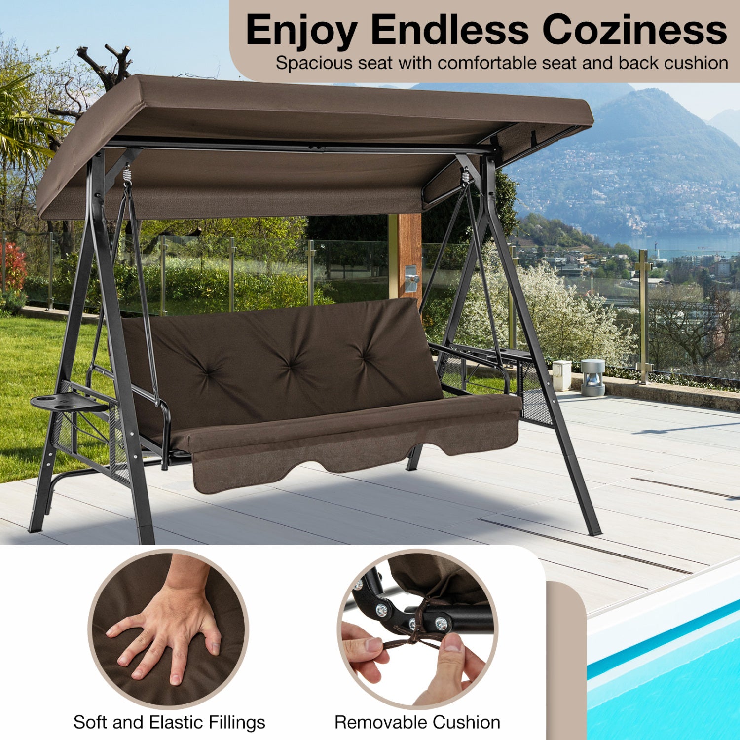 Convertible 3-Seat Patio Porch Swing Chair to Flat Bed with Adjustable Canopy-Brown