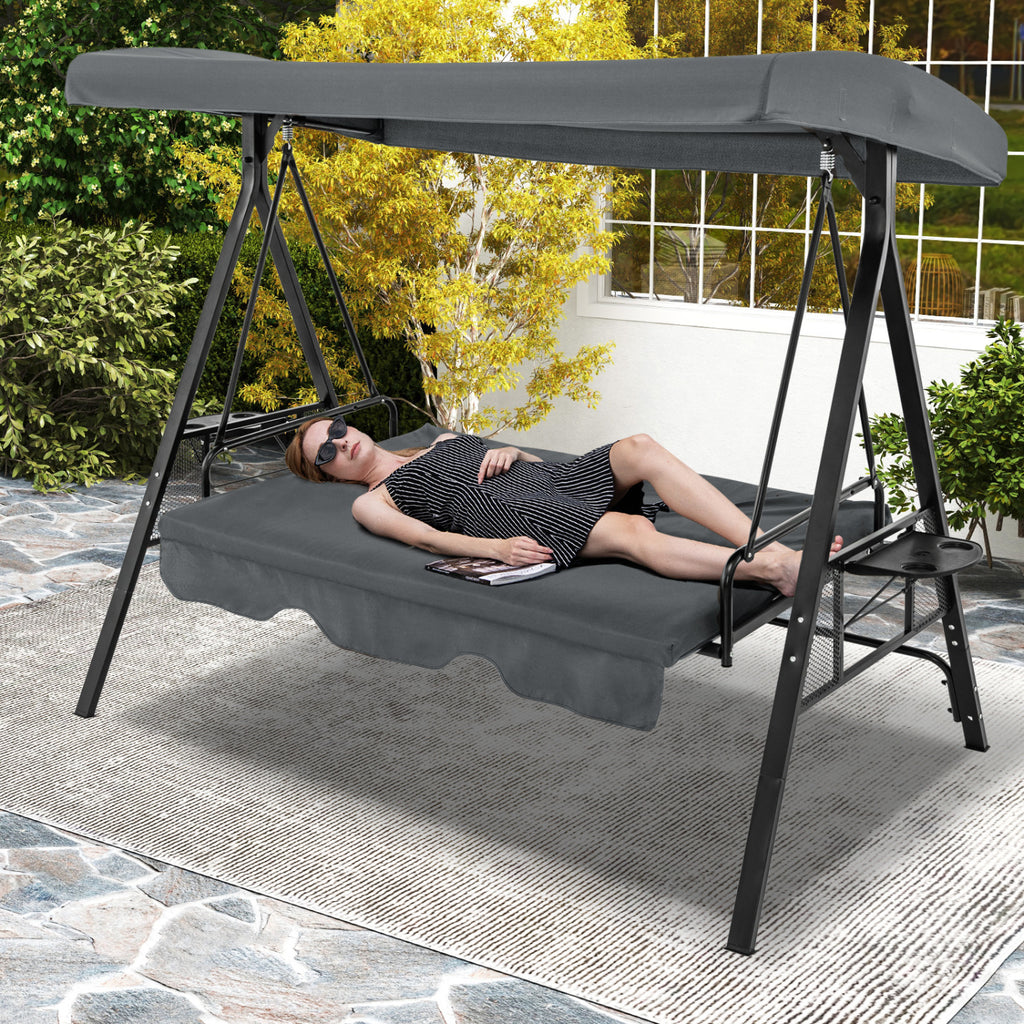 Convertible 3-Seat Patio Porch Swing Chair to Flat Bed with Adjustable Canopy-Gray