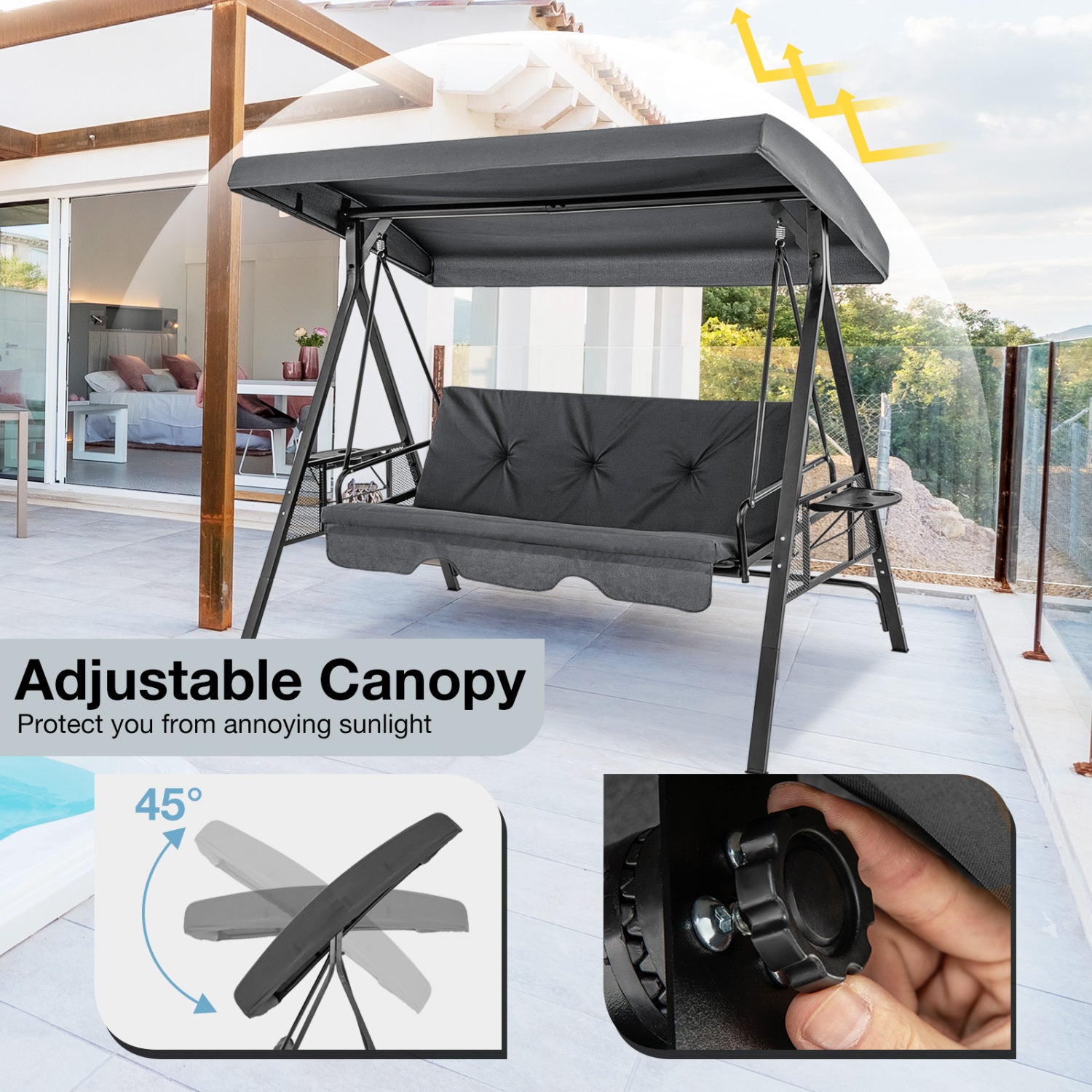 Convertible 3-Seat Patio Porch Swing Chair to Flat Bed with Adjustable Canopy-Gray