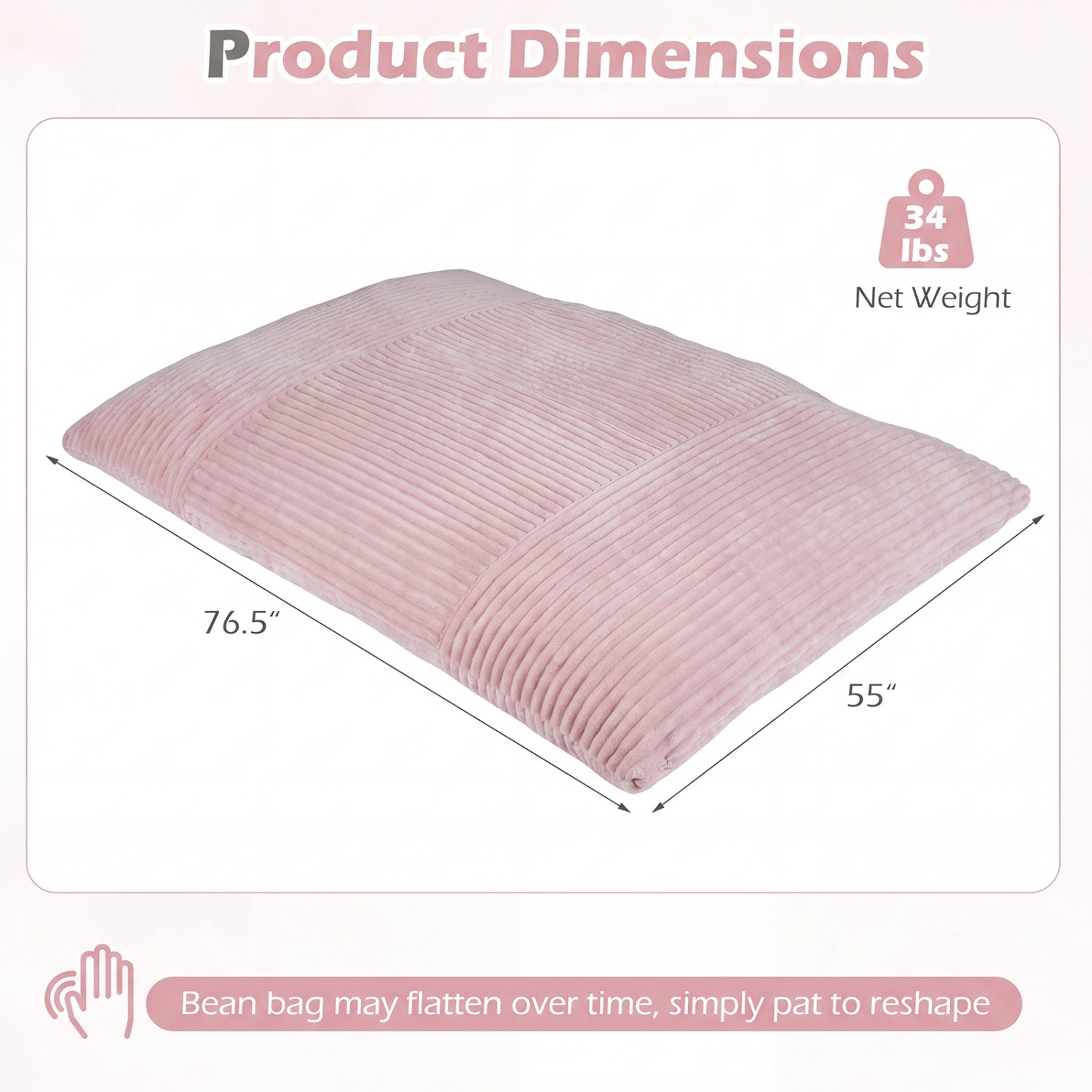 Convertible Bean Bag Floor Sofa with Machine-washable Corduroy Cover-Pink