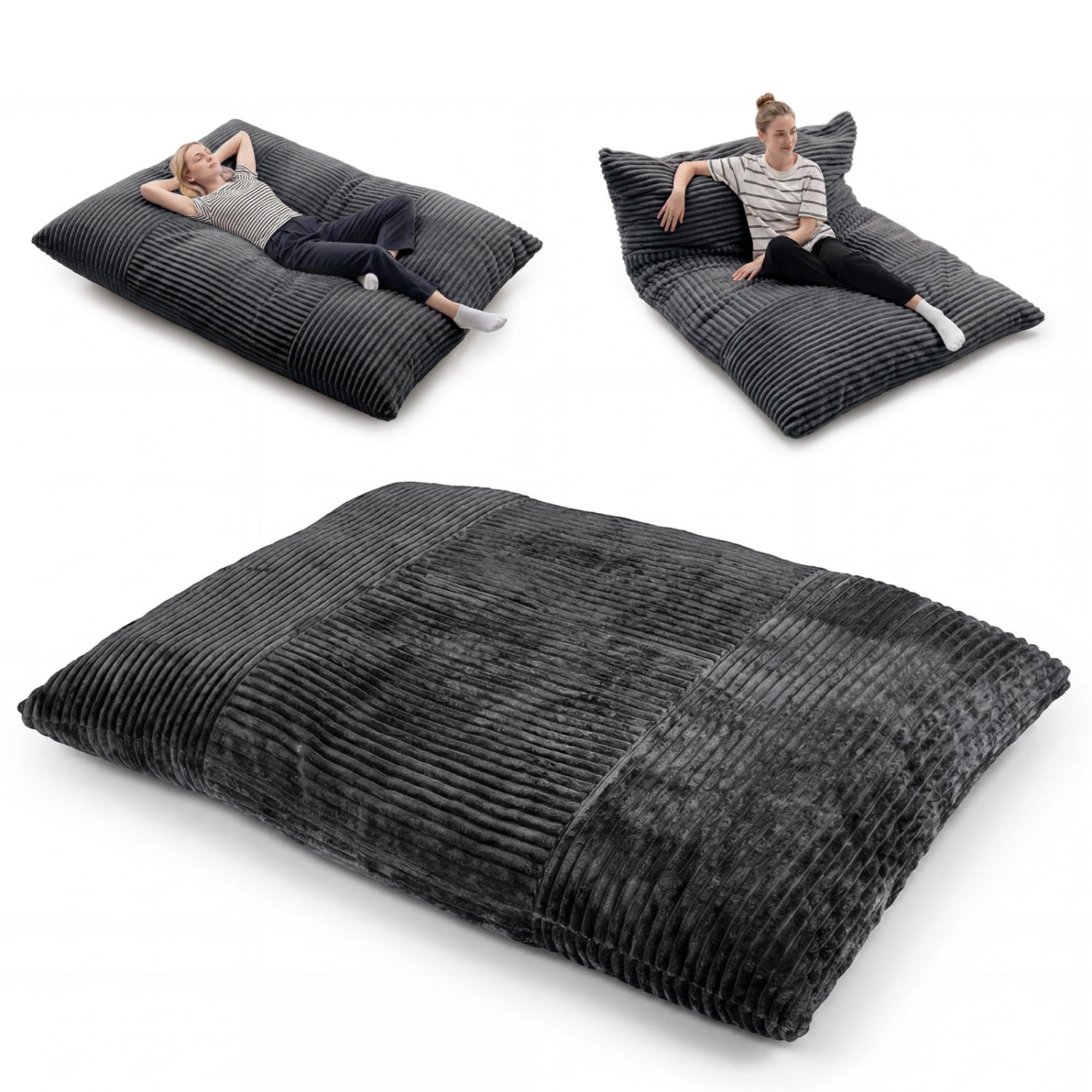 Convertible Bean Bag Floor Sofa with Machine-washable Corduroy Cover-Dark Gray