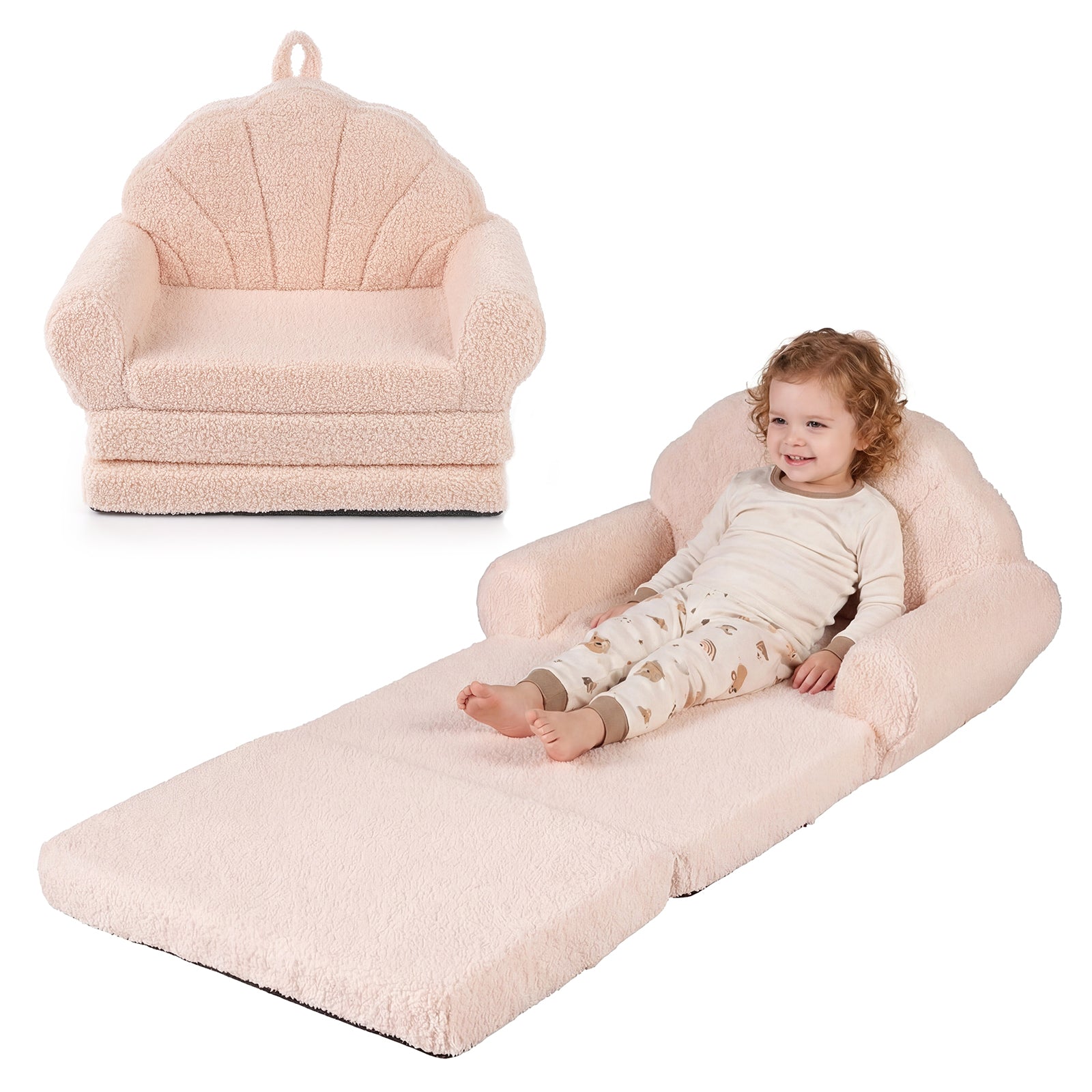 Convertible Kids Sofa 2-in-1 Fold out Toddler Couch Chair-Beige