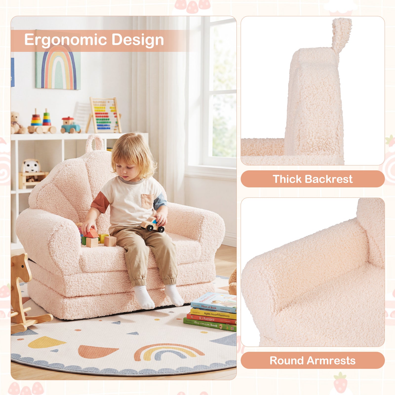 Convertible Kids Sofa 2-in-1 Fold out Toddler Couch Chair-Beige