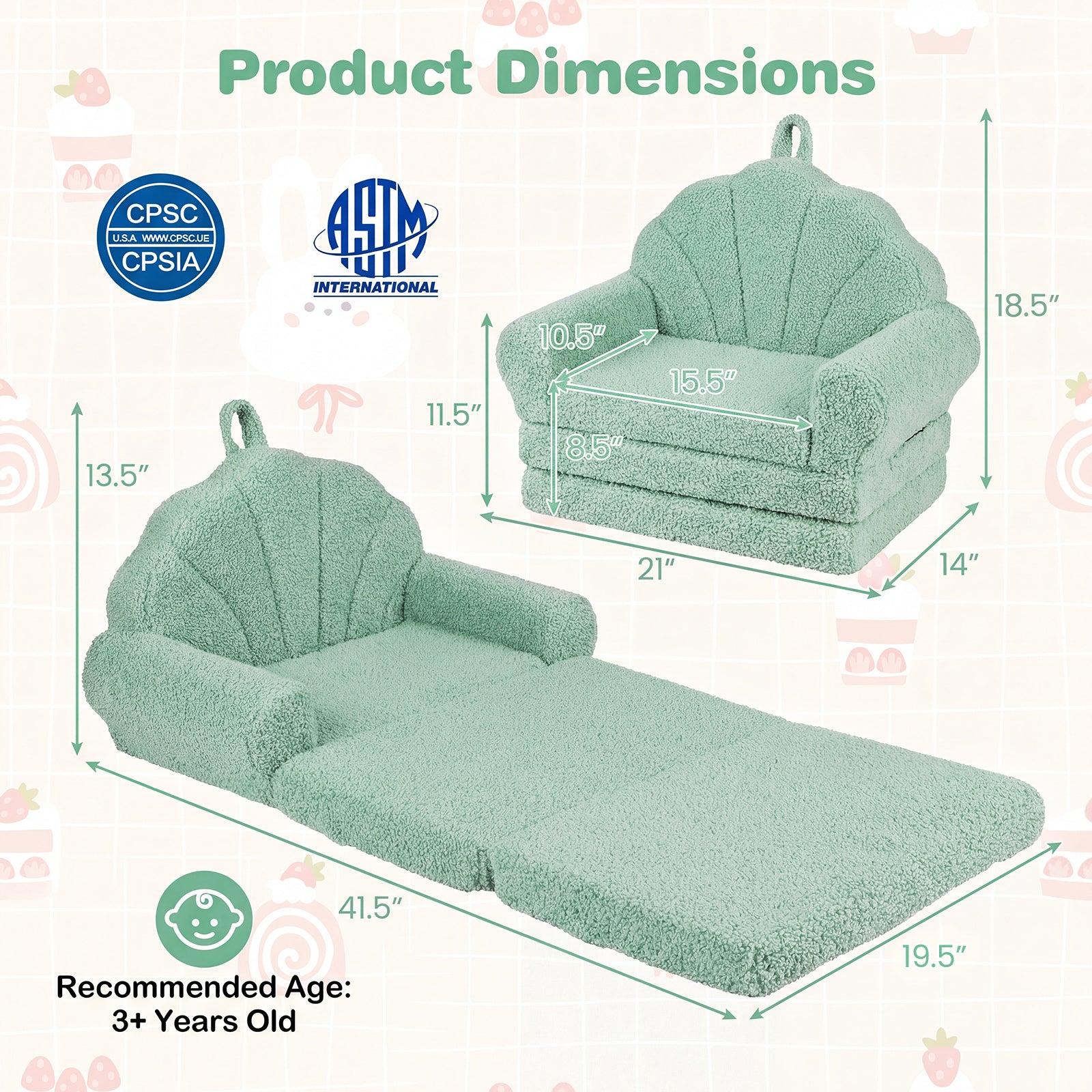 Convertible Kids Sofa 2-in-1 Fold out Toddler Couch Chair-Green