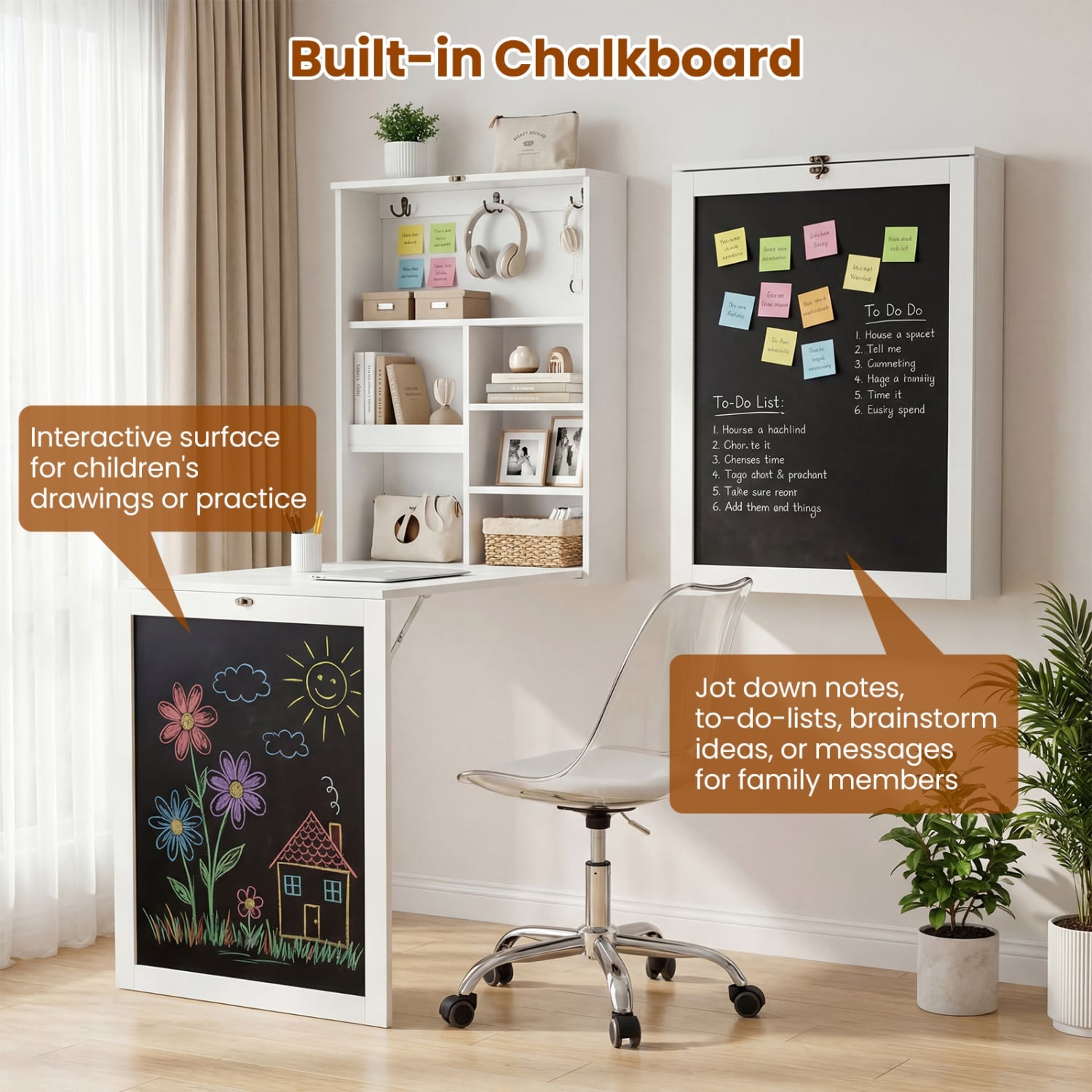Convertible Wall Mounted Table with A Chalkboard-White