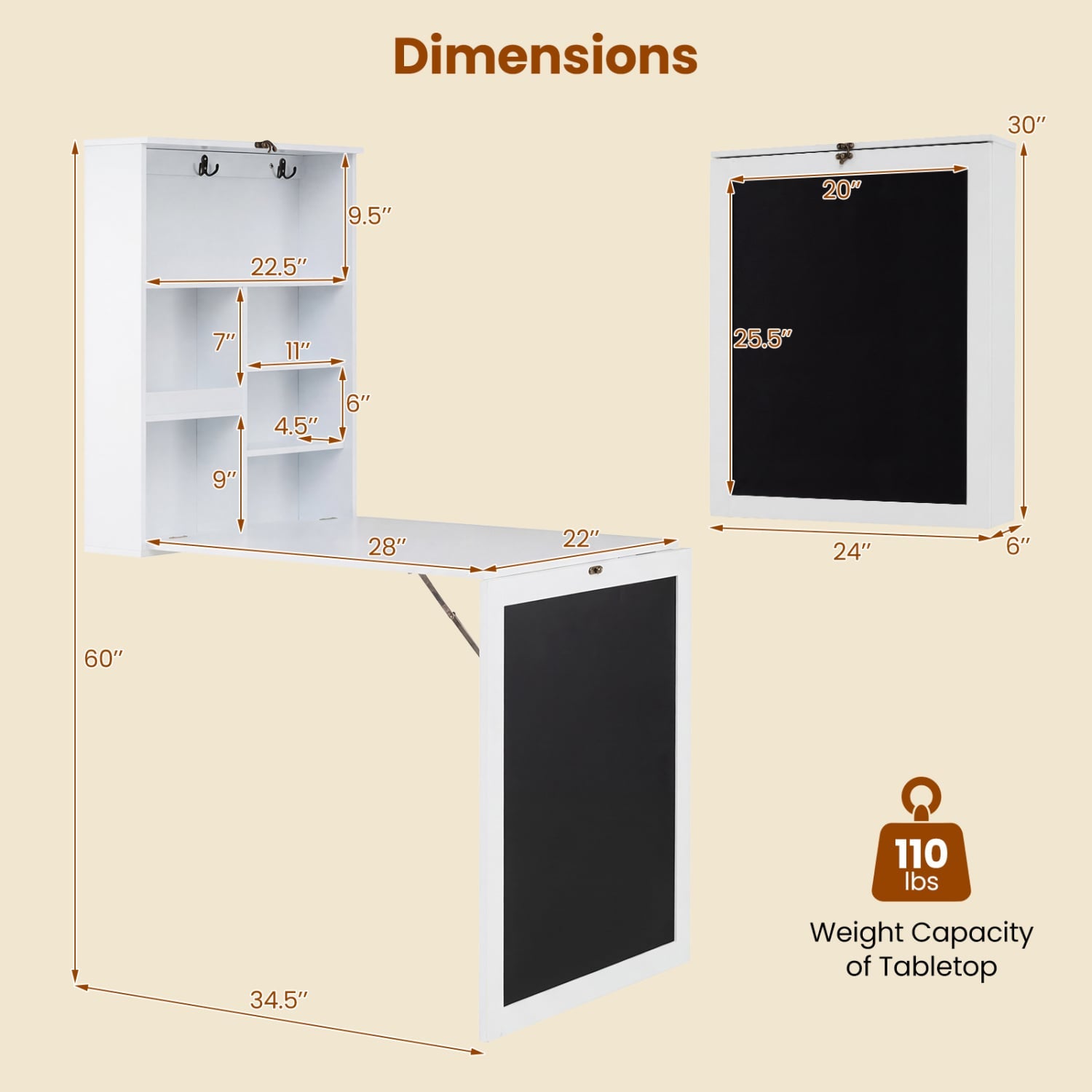 Convertible Wall Mounted Table with A Chalkboard-White