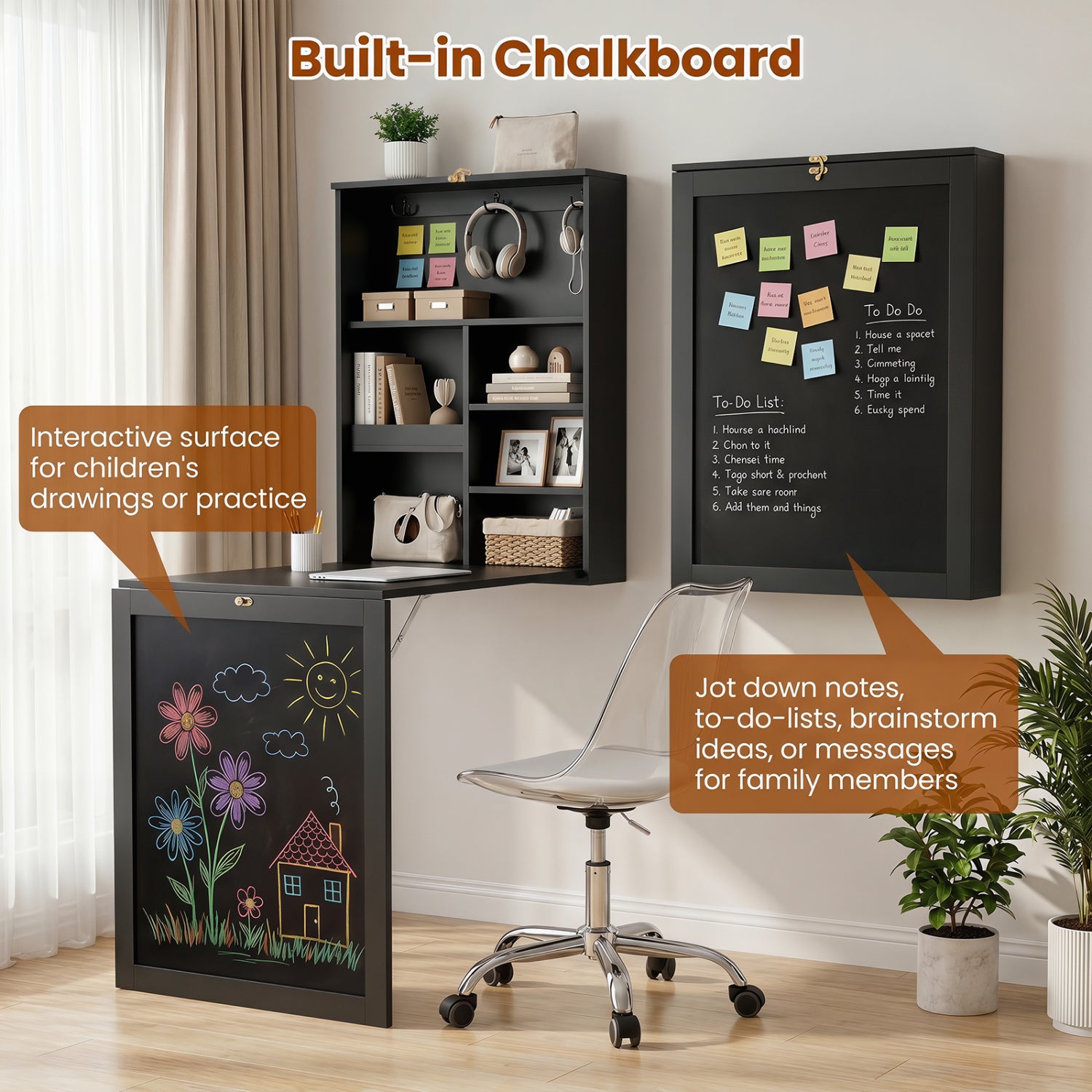 Convertible Wall Mounted Table with A Chalkboard-Black