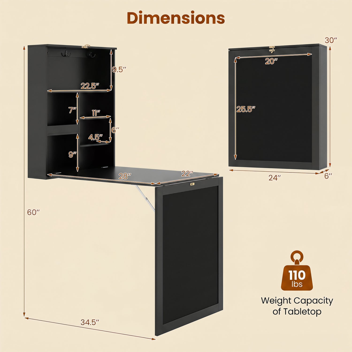 Convertible Wall Mounted Table with A Chalkboard-Black
