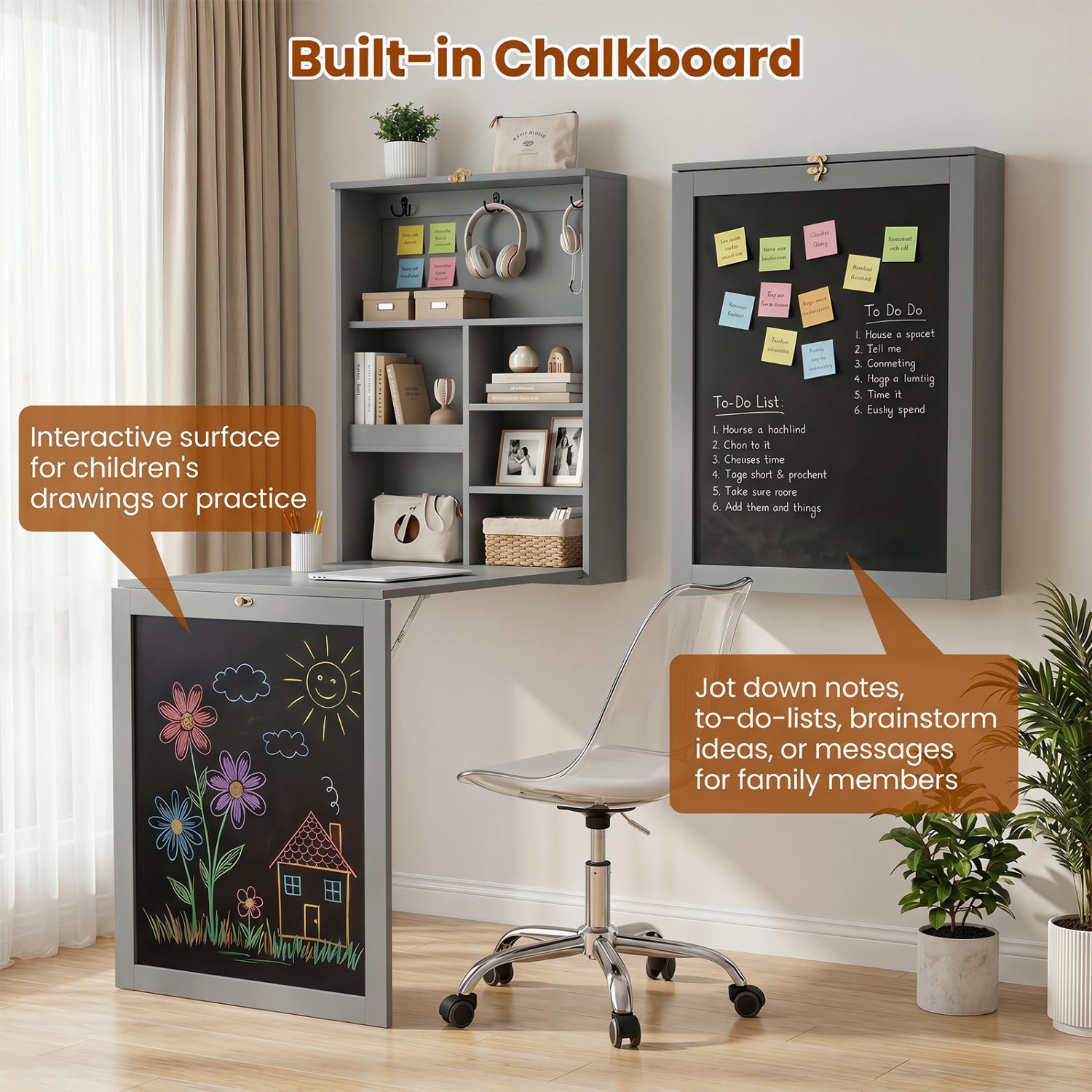 Convertible Wall Mounted Table with A Chalkboard-Gray