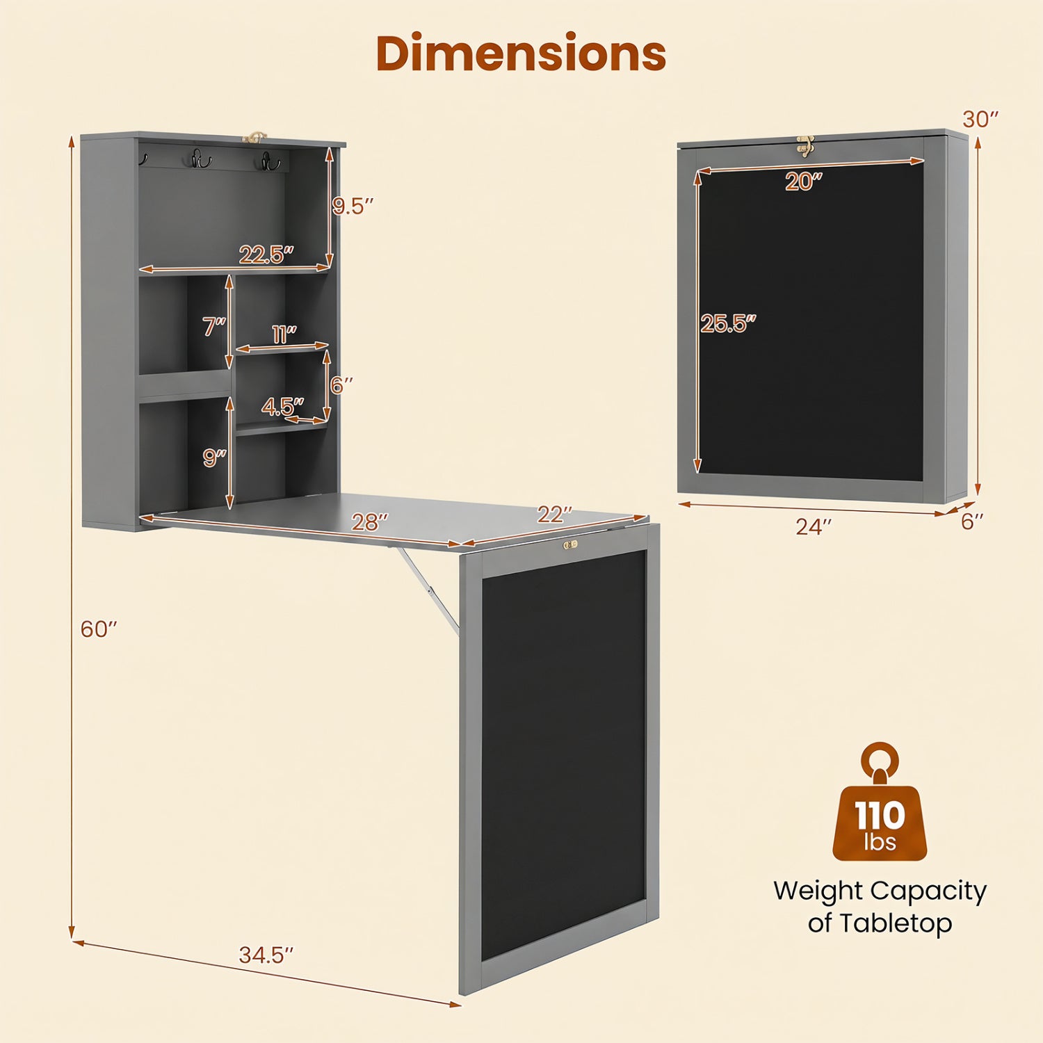 Convertible Wall Mounted Table with A Chalkboard-Gray
