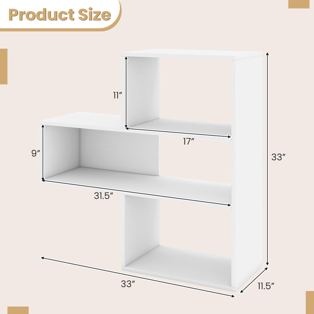Convex Bookshelf with 3 Open Shelves & Anti-Toppling Device for Living Room-White