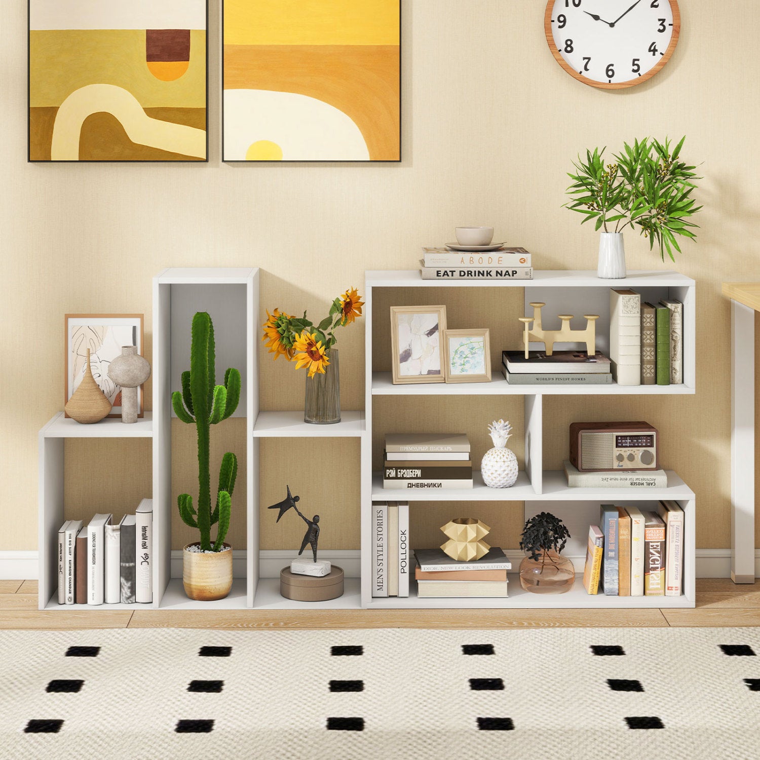 Convex Bookshelf with 3 Open Shelves & Anti-Toppling Device for Living Room-White