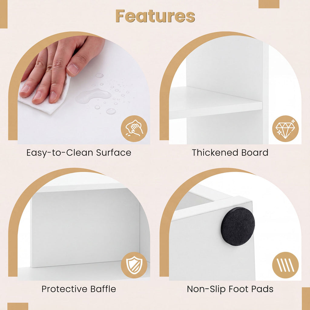 Convex Bookshelf with 3 Open Shelves & Anti-Toppling Device for Living Room-White