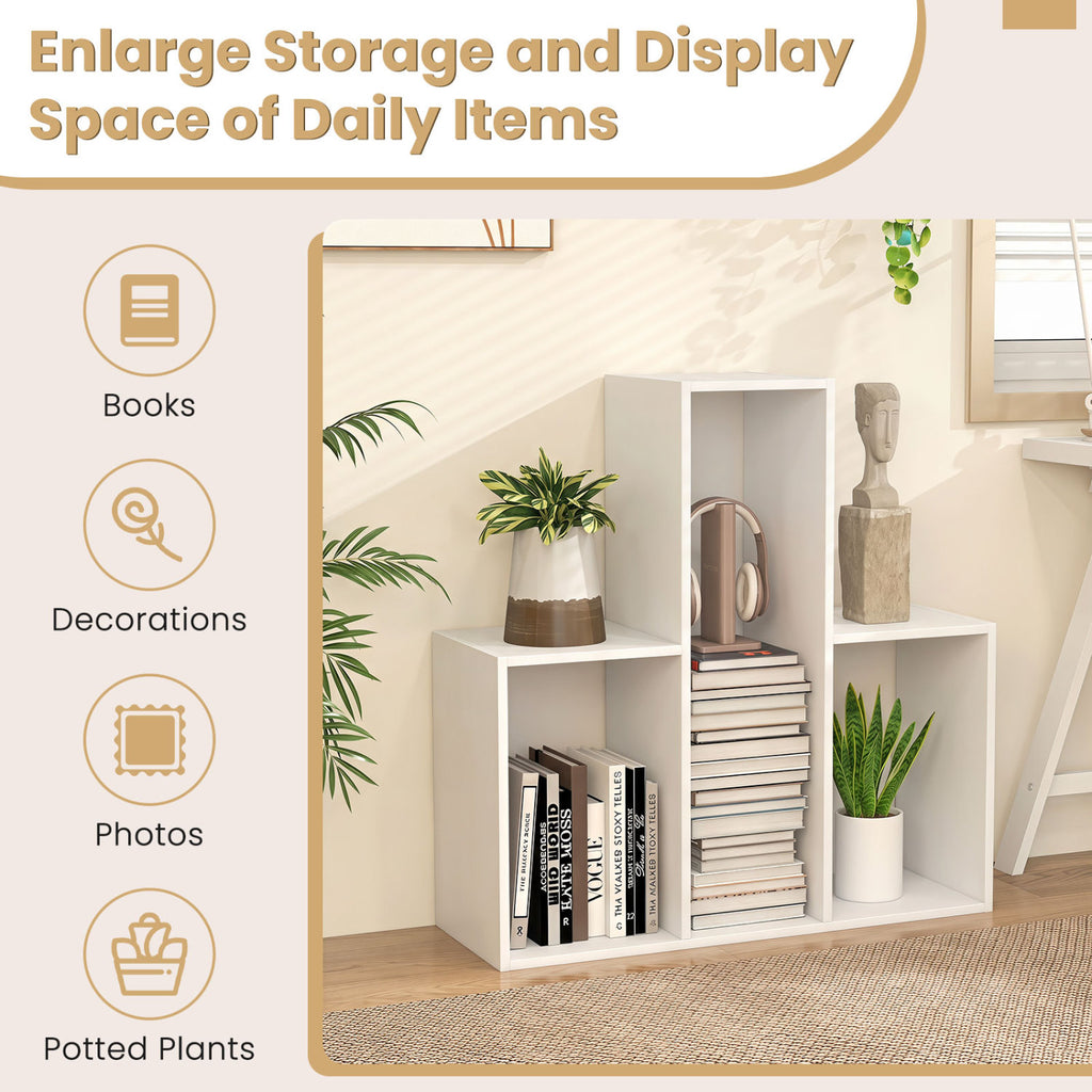 Convex Bookshelf with 3 Open Shelves & Anti-Toppling Device for Living Room-White