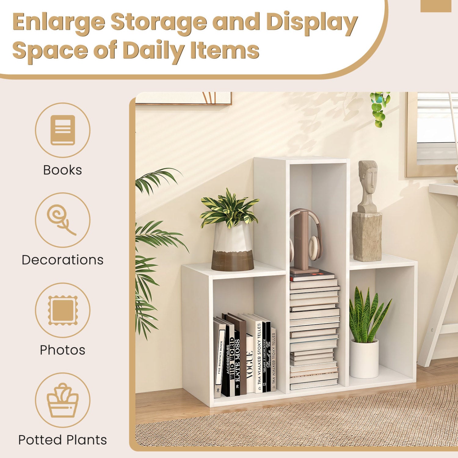 Convex Bookshelf with 3 Open Shelves & Anti-Toppling Device for Living Room-White