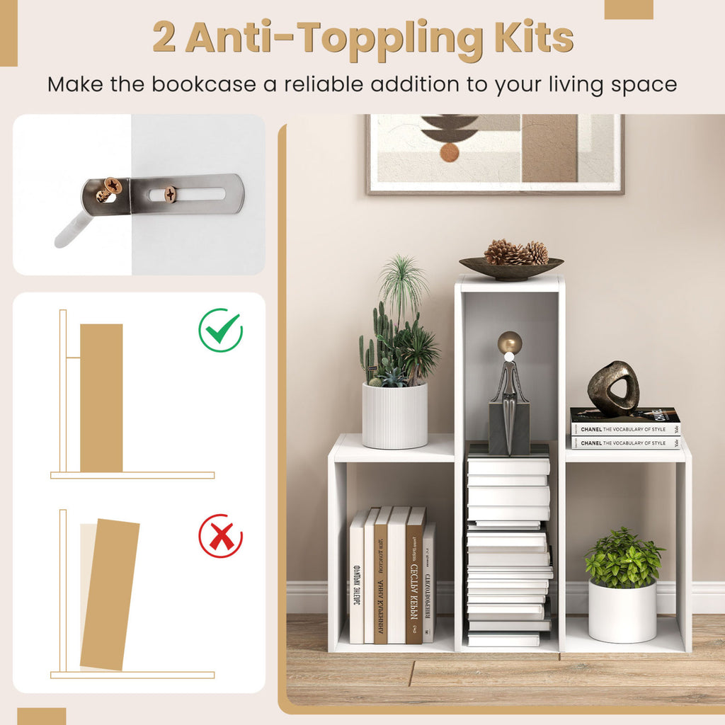Convex Bookshelf with 3 Open Shelves & Anti-Toppling Device for Living Room-White