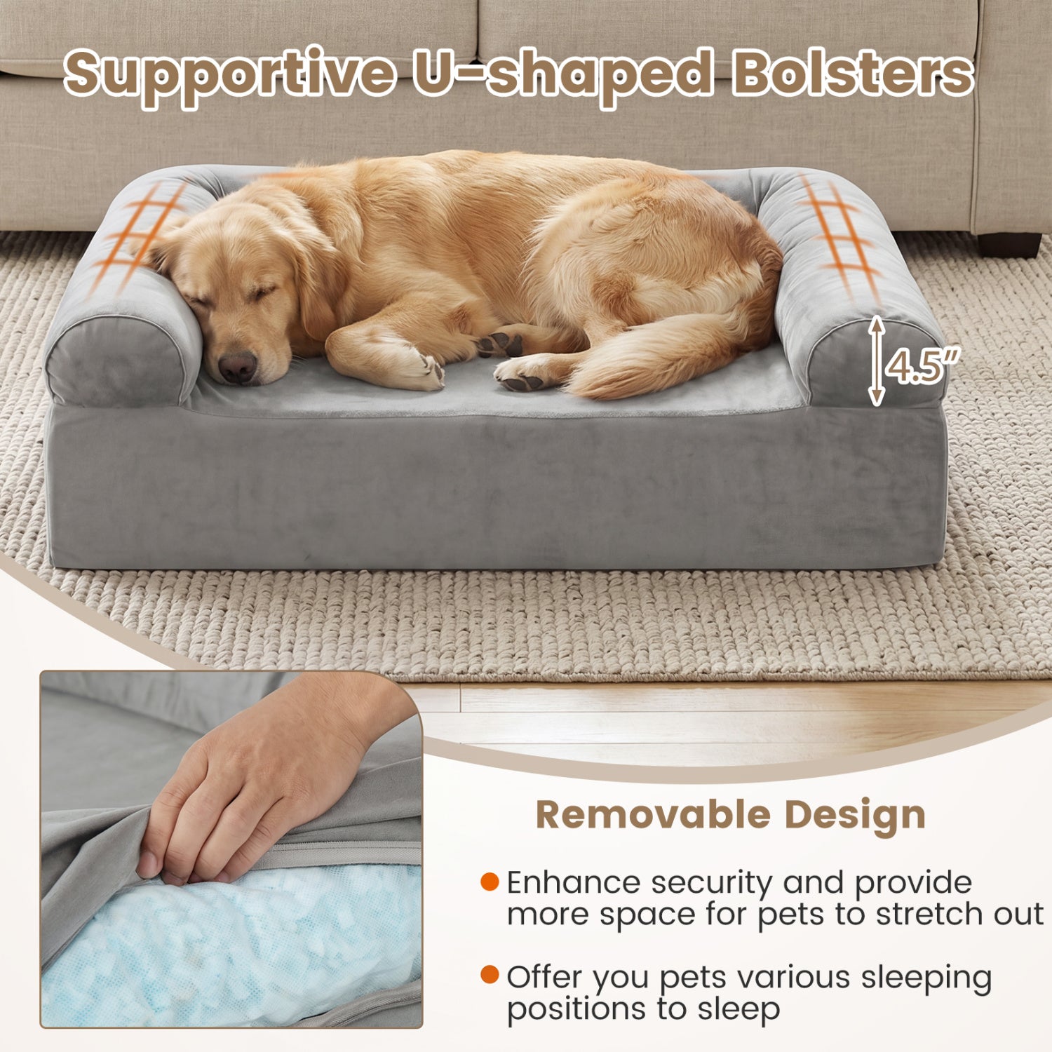 Cooling Gel Memory Foam Dog Bed for Medium Dogs with Washable Cover-Light Gray