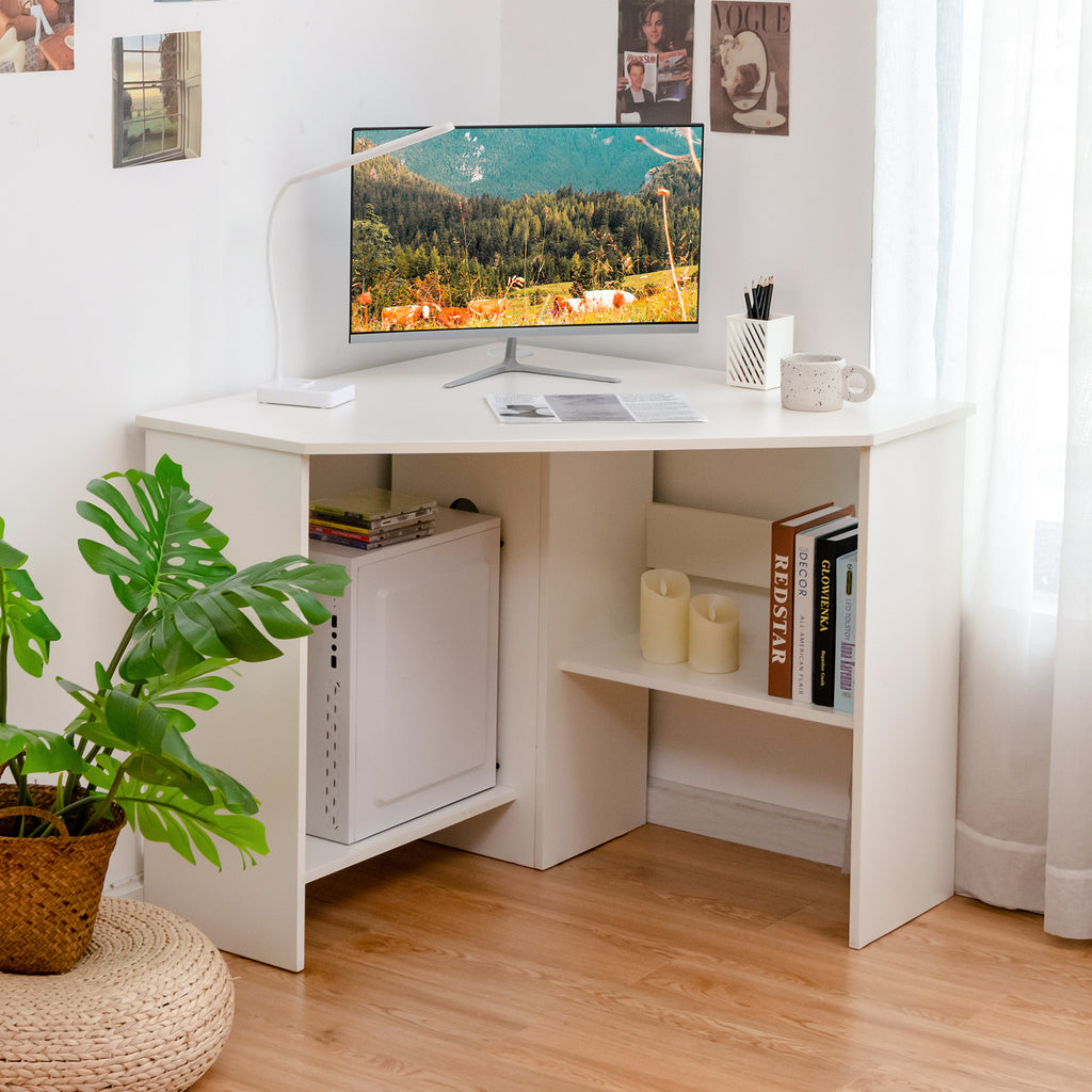 Corner Computer Desk Triangle Writing Workstation with Storage Shelf-White