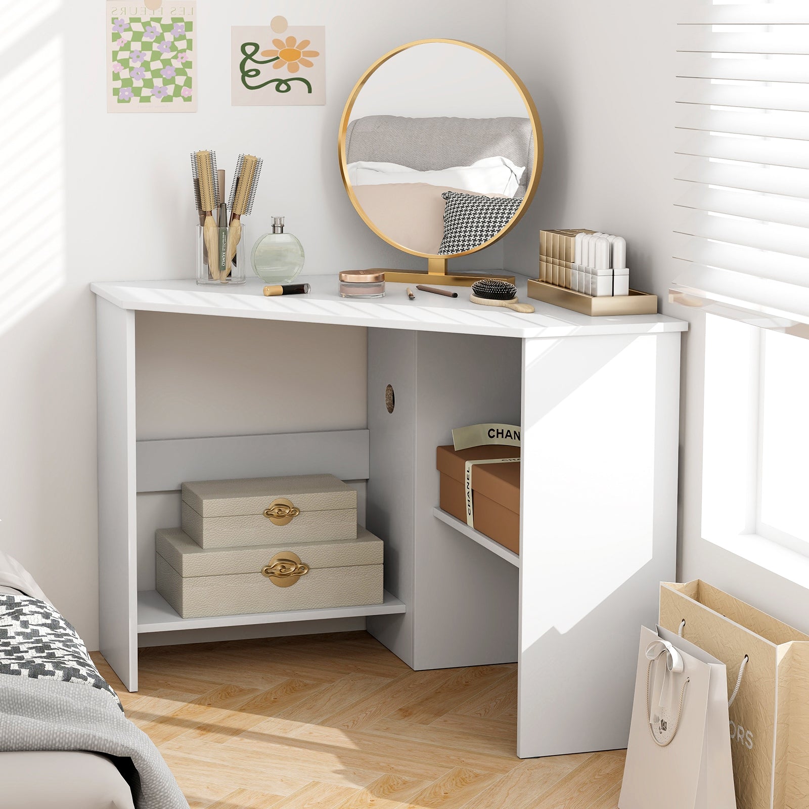 Corner Computer Desk Triangle Writing Workstation with Storage Shelf-White