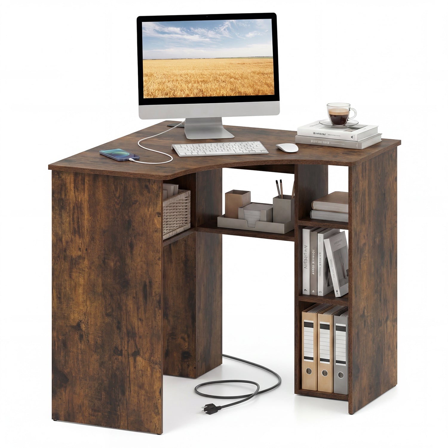 Corner Computer Desk Triangle Home Office Desk with Adjustable Shelf and Arc-Shaped Profile-Rustic Brown