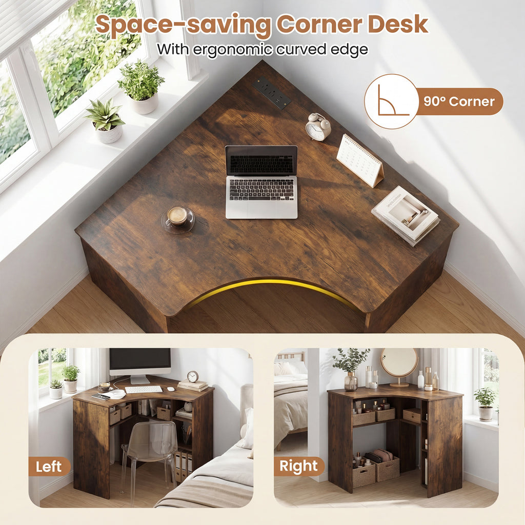 Corner Computer Desk Triangle Home Office Desk with Adjustable Shelf and Arc-Shaped Profile-Rustic Brown
