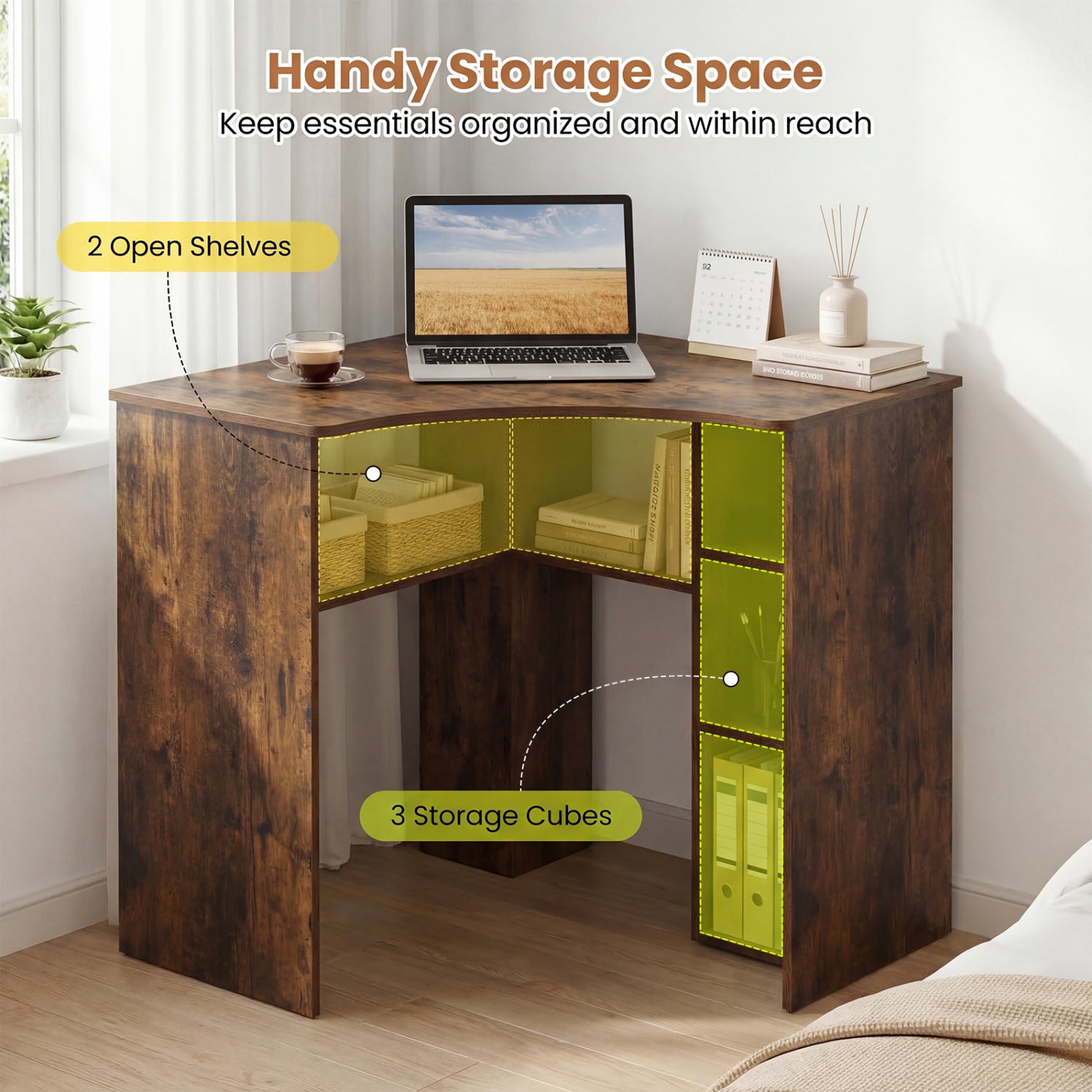 Corner Computer Desk Triangle Home Office Desk with Adjustable Shelf and Arc-Shaped Profile-Rustic Brown
