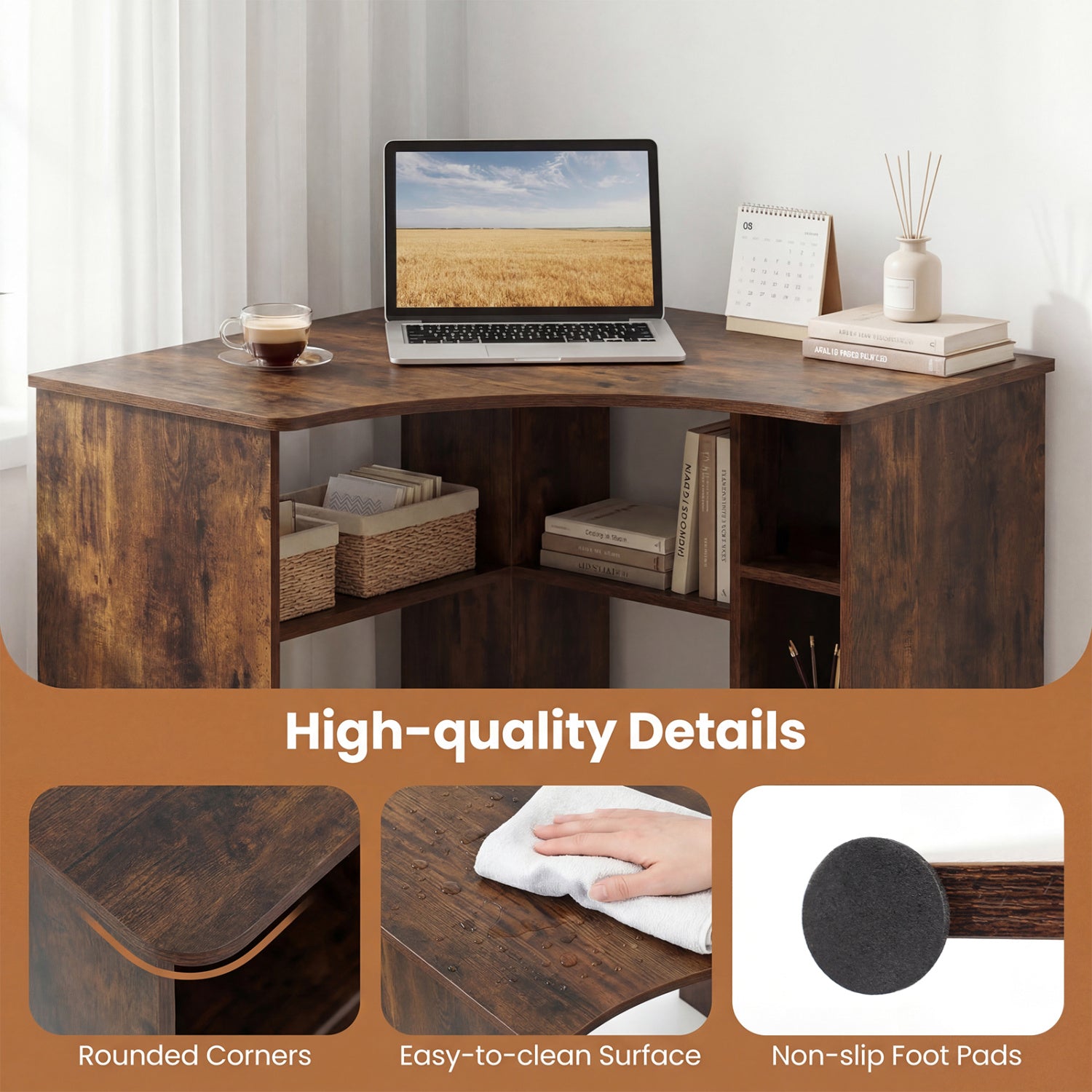 Corner Computer Desk Triangle Home Office Desk with Adjustable Shelf and Arc-Shaped Profile-Rustic Brown