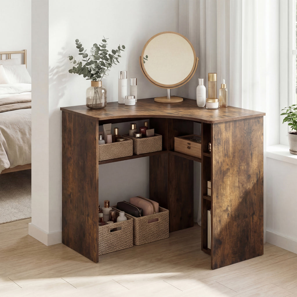 Corner Computer Desk Triangle Home Office Desk with Adjustable Shelf and Arc-Shaped Profile-Rustic Brown