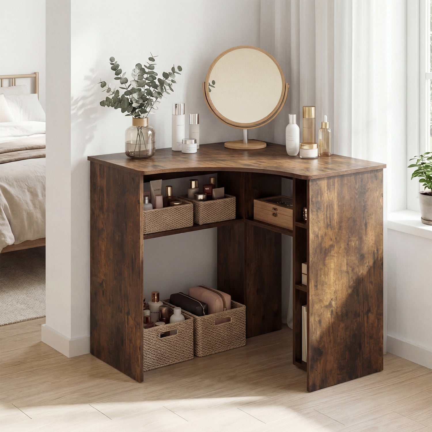 Corner Computer Desk Triangle Home Office Desk with Adjustable Shelf and Arc-Shaped Profile-Rustic Brown