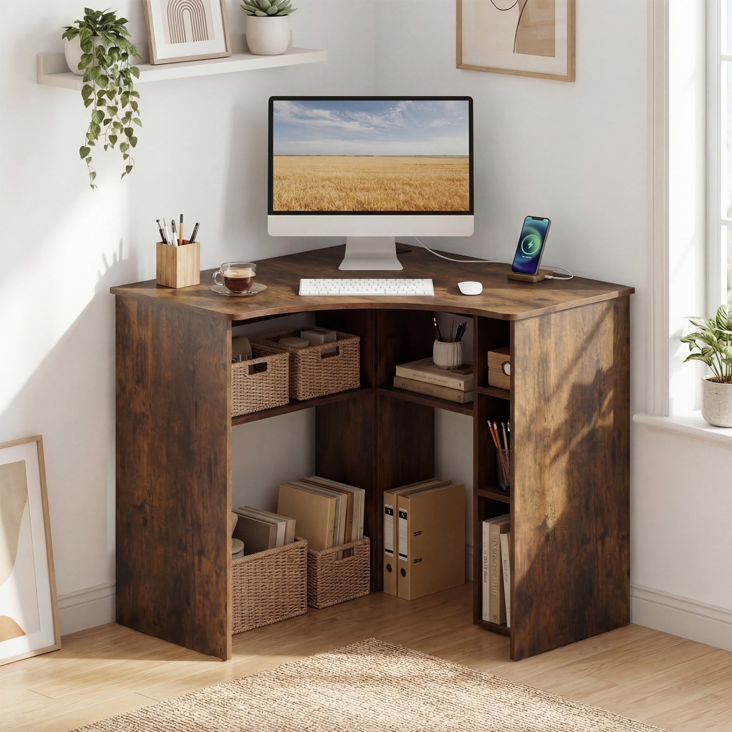 Corner Computer Desk Triangle Home Office Desk with Adjustable Shelf and Arc-Shaped Profile-Rustic Brown