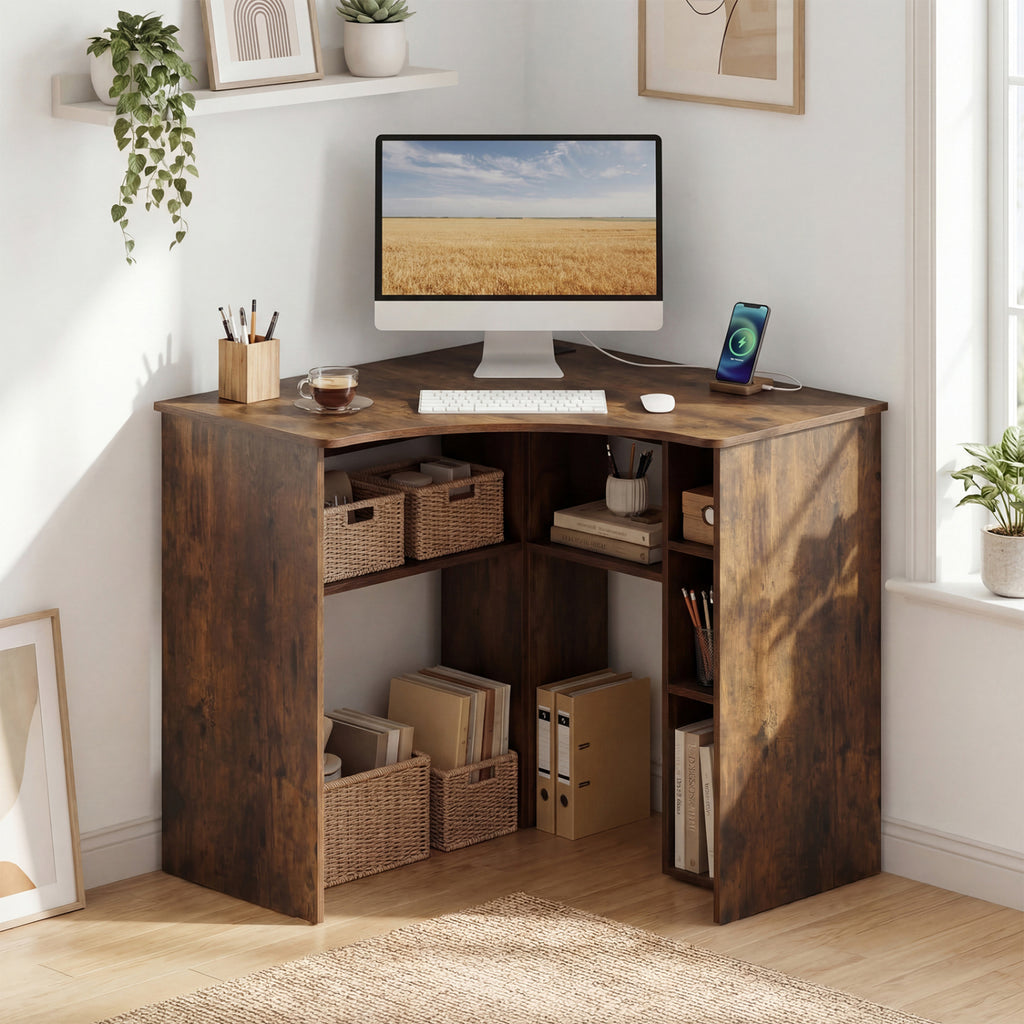Corner Computer Desk Triangle Home Office Desk with Adjustable Shelf and Arc-Shaped Profile-Rustic Brown