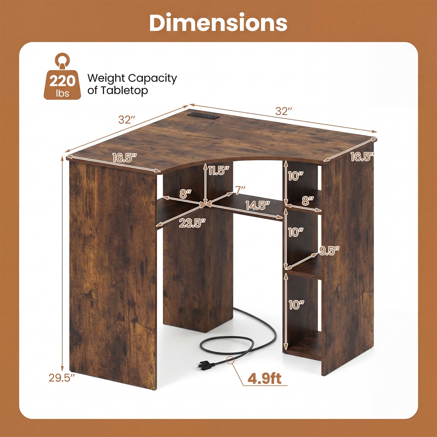Corner Computer Desk Triangle Home Office Desk with Adjustable Shelf and Arc-Shaped Profile-Rustic Brown